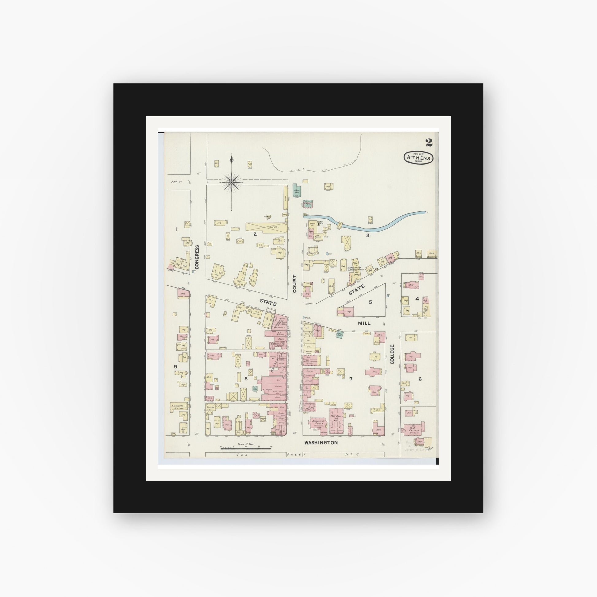 Old map wall art mockup — black gallery frame with white mat — Sanborn Fire Insurance Map from Athens, Athens County, Ohio (1890), Sheet #0002