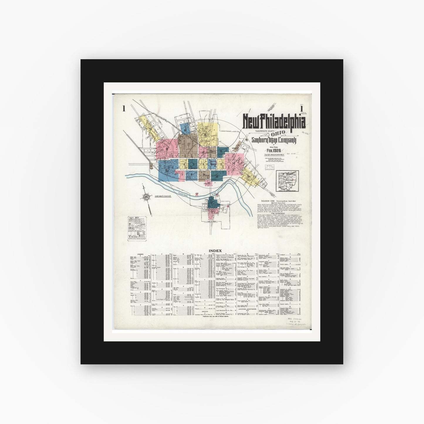 Old map wall art mockup — black gallery frame with white mat — Sanborn Fire Insurance Map from New Philadelphia, Tuscarawas County, Ohio (1926) - Complete Map Set