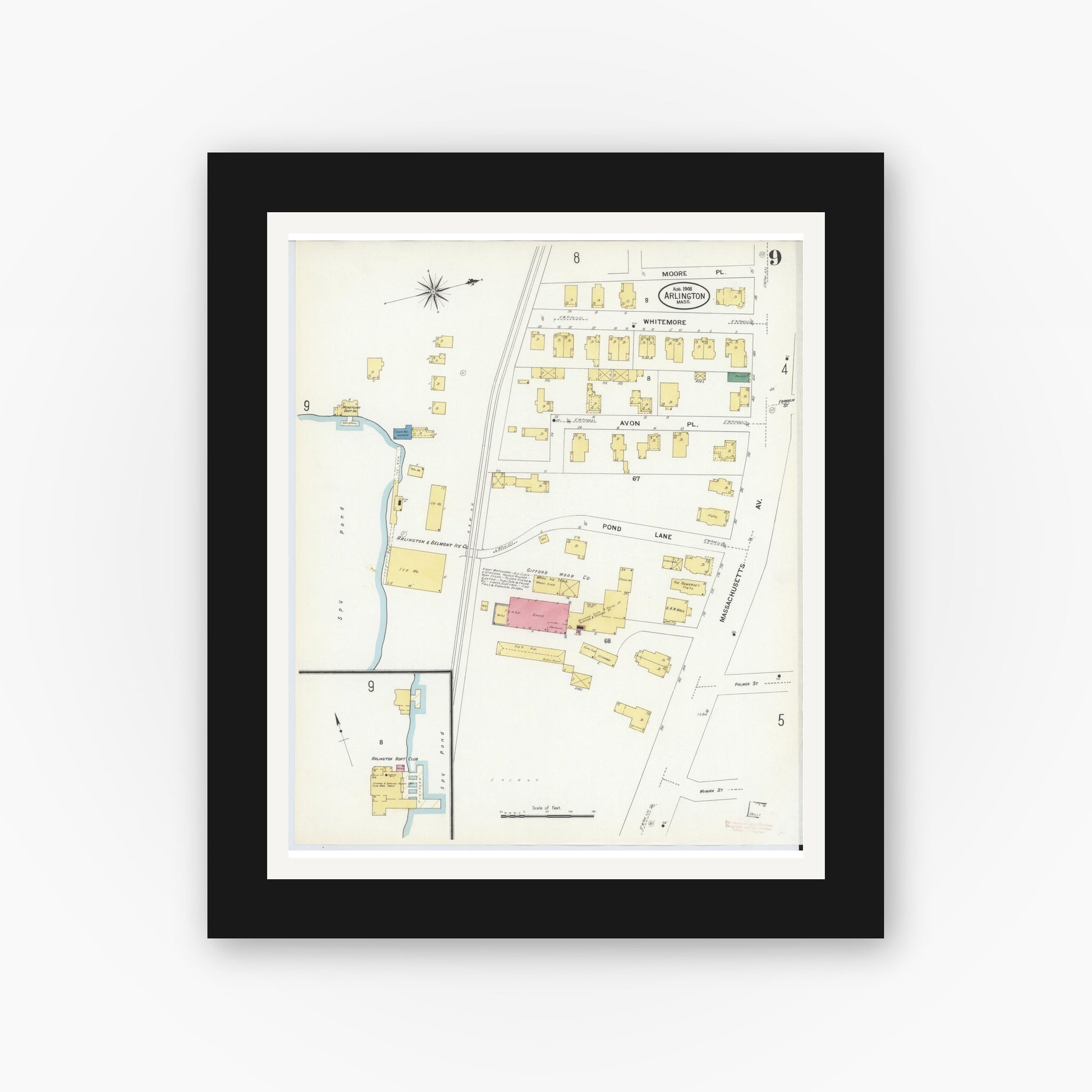 Old map wall art mockup — black gallery frame with white mat — Sanborn Fire Insurance Map from Arlington, Middlesex County, Massachusetts (1908), Sheet #0009