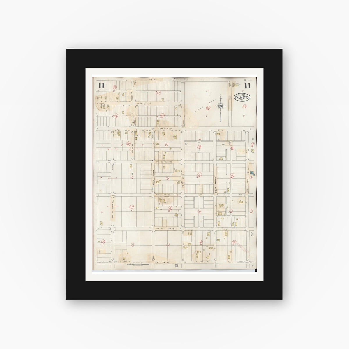 Old map wall art mockup — black gallery frame with white mat — Sanborn Fire Insurance Map from Palmetto, Manatee County, Florida (1944), Sheet #0011