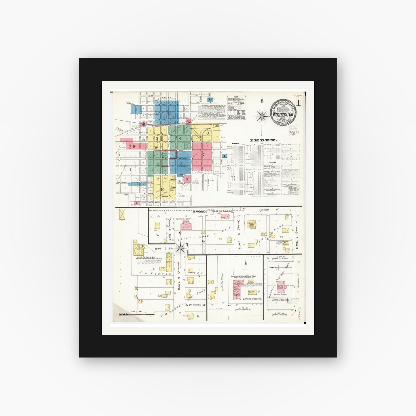 Old map wall art mockup — black gallery frame with white mat — Sanborn Fire Insurance Map from Washington, Washington County, Iowa (1902) â€” Complete Set
