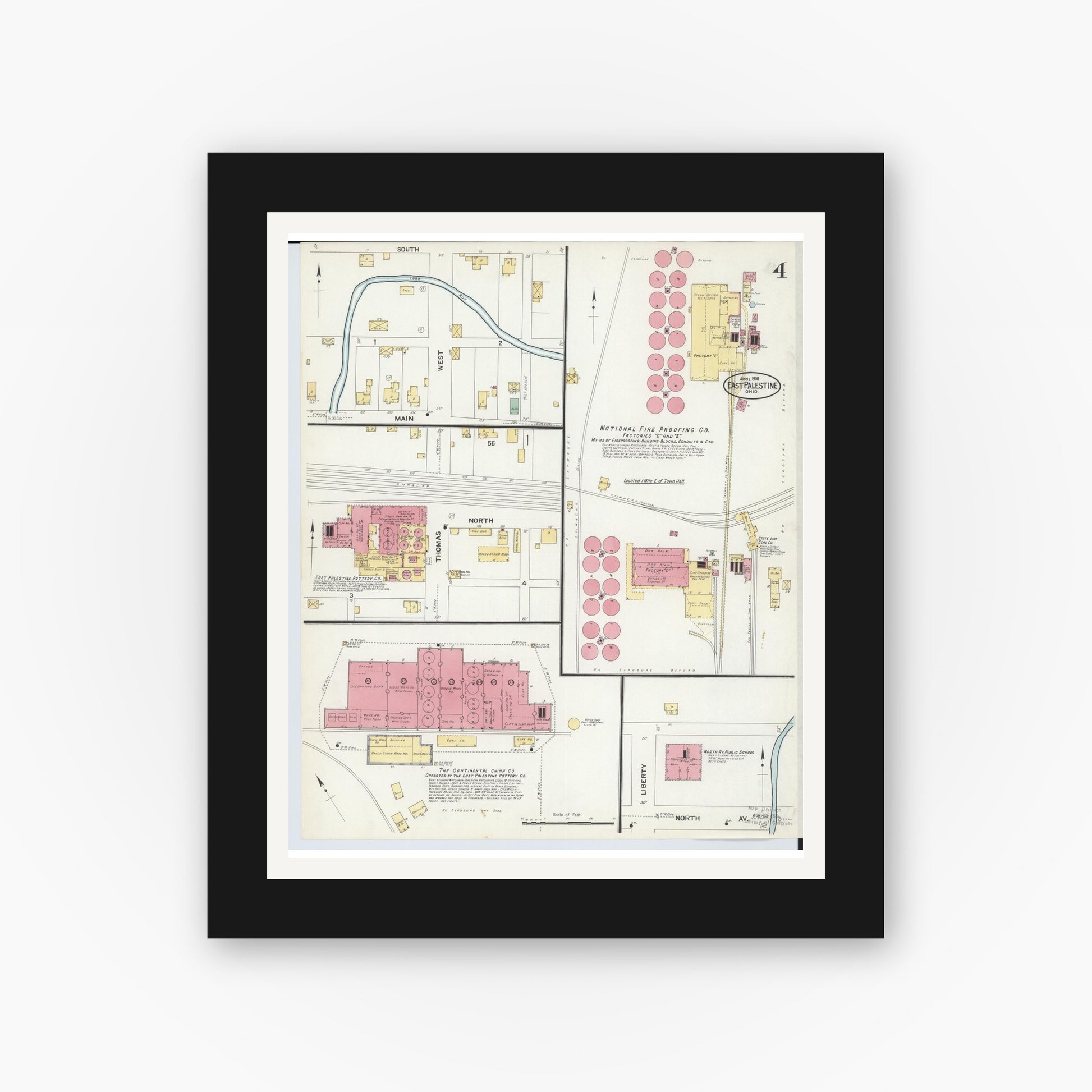 Old map wall art mockup — black gallery frame with white mat — Sanborn Fire Insurance Map from East Palestine, Columbiana County, Ohio (1908), Sheet #0004
