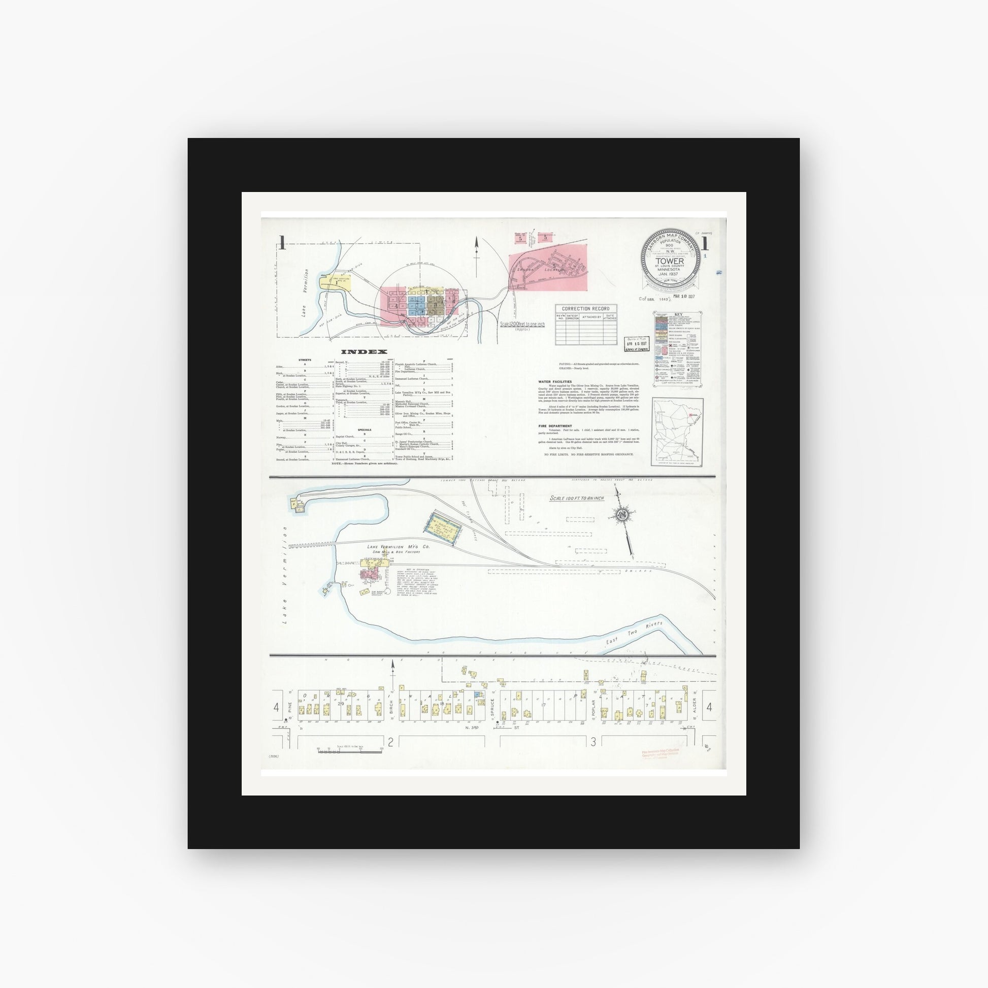 Old map wall art mockup — black gallery frame with white mat — Sanborn Fire Insurance Map from Tower, Saint Louis County, Minnesota (1937) - Complete Map Set