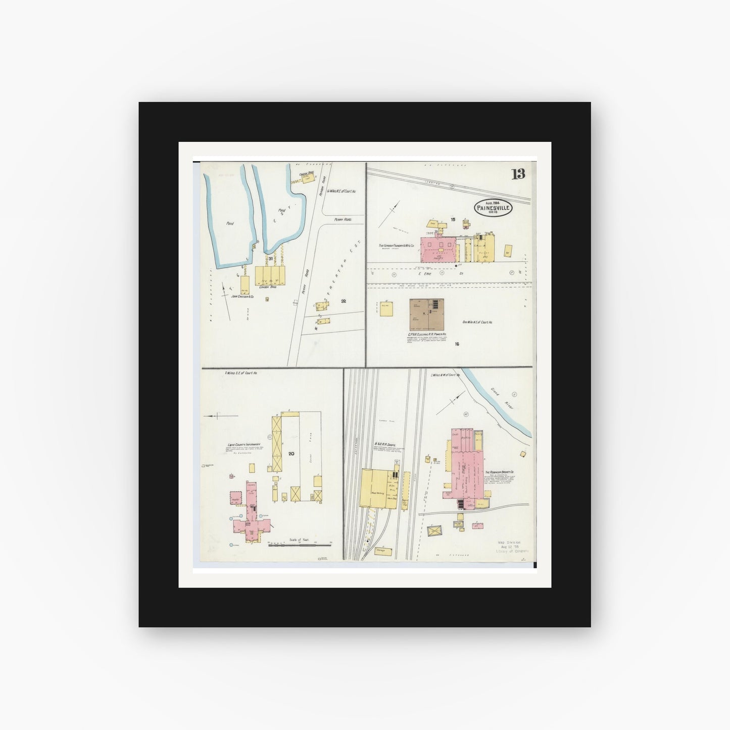 Old map wall art mockup — black gallery frame with white mat — Sanborn Fire Insurance Map from Painesville, Lake County, Ohio (1904), Sheet #0013