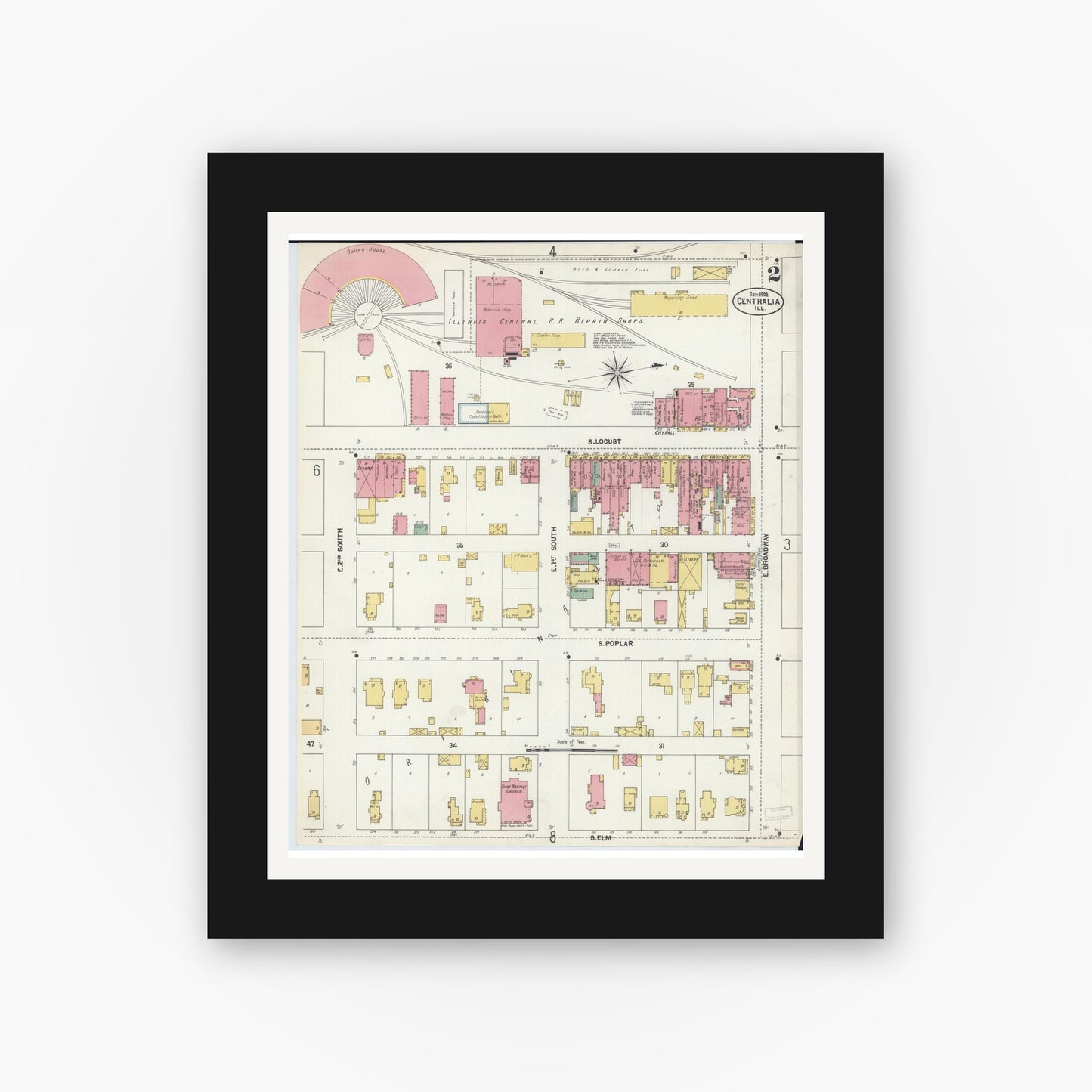 Old map wall art mockup — black gallery frame with white mat — Sanborn Fire Insurance Map from Centralia, Marion, Clinton, Jefferson, and Washington Counties, Illinois (1902), Sheet #0002