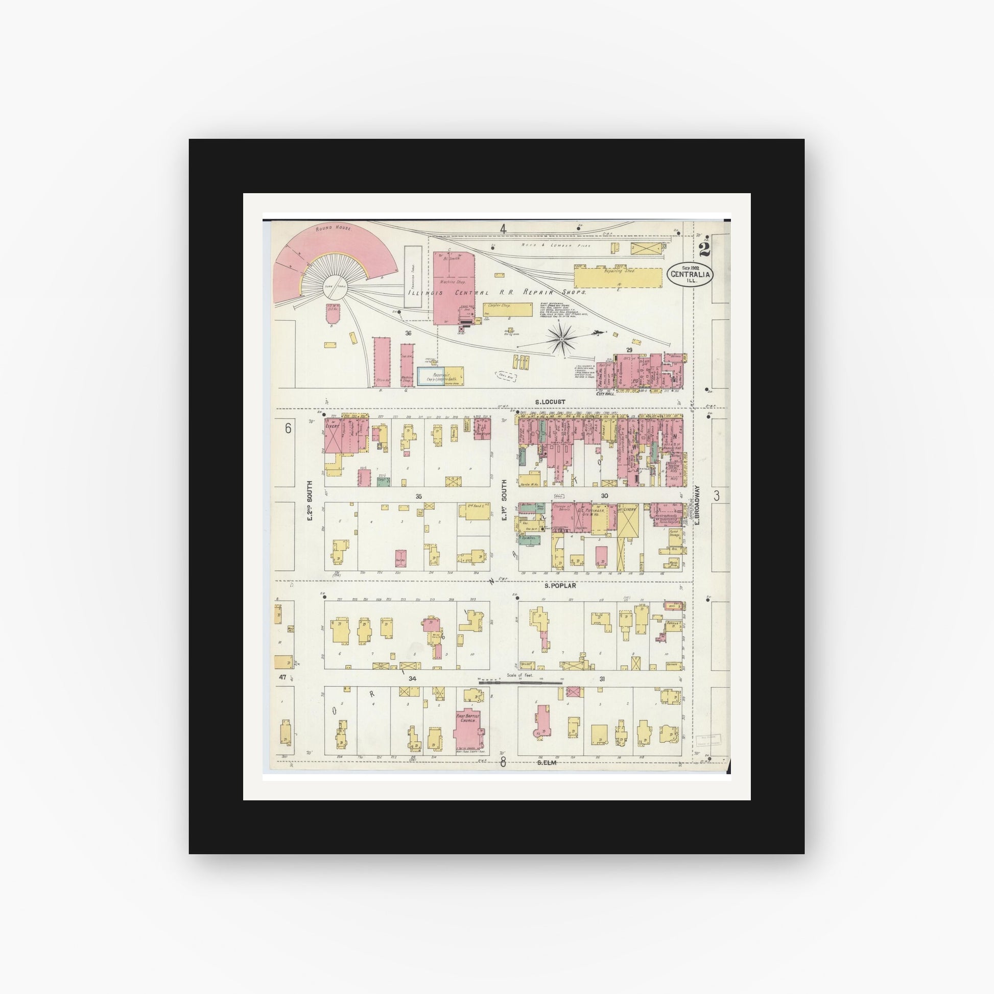 Old map wall art mockup — black gallery frame with white mat — Sanborn Fire Insurance Map from Centralia, Marion, Clinton, Jefferson, and Washington Counties, Illinois (1902), Sheet #0002