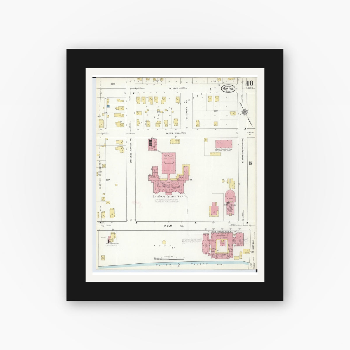 Old map wall art mockup — black gallery frame with white mat — Sanborn Fire Insurance Map from Monroe, Monroe County, Michigan (1916), Sheet #0018