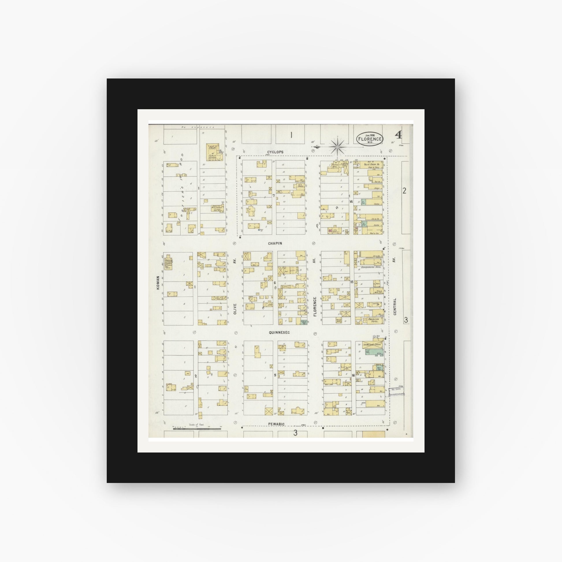 Old map wall art mockup — black gallery frame with white mat — Sanborn Fire Insurance Map from Florence, Florence County, Wisconsin (1898), Sheet #0004