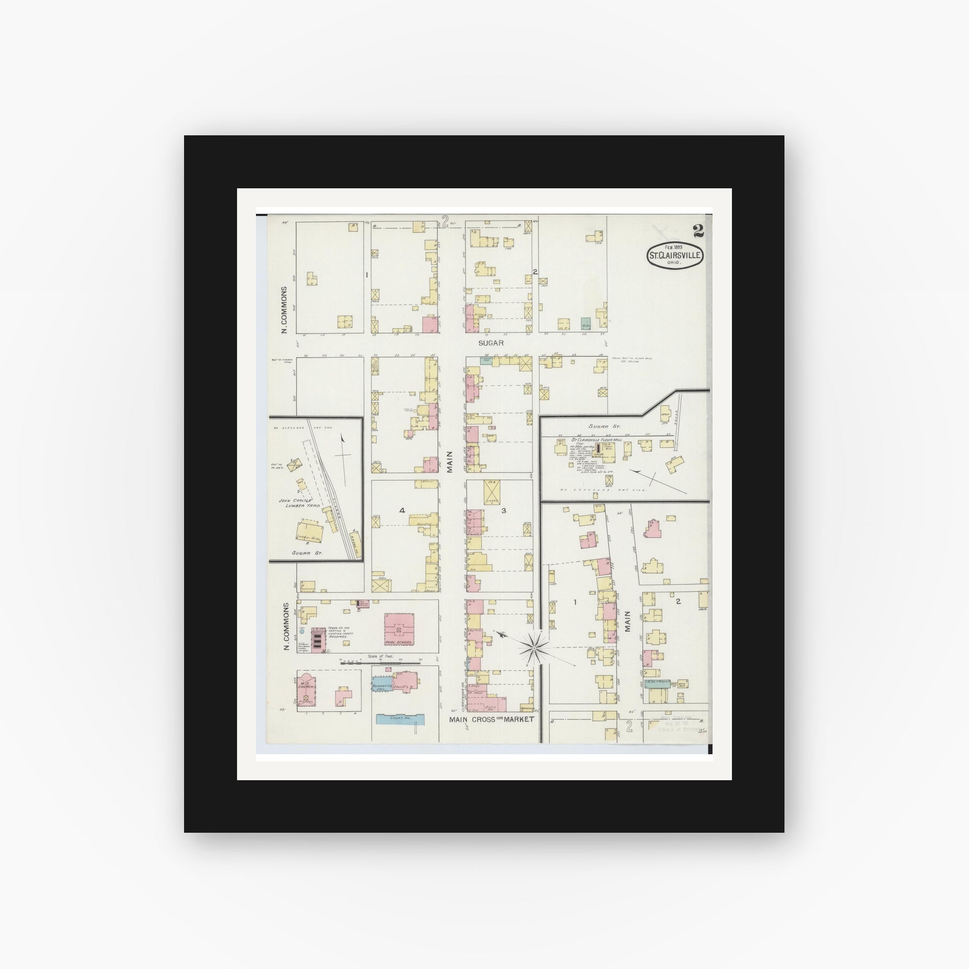Old map wall art mockup — black gallery frame with white mat — Sanborn Fire Insurance Map from Saint Clairsville, Belmont County, Ohio (1893), Sheet #0002