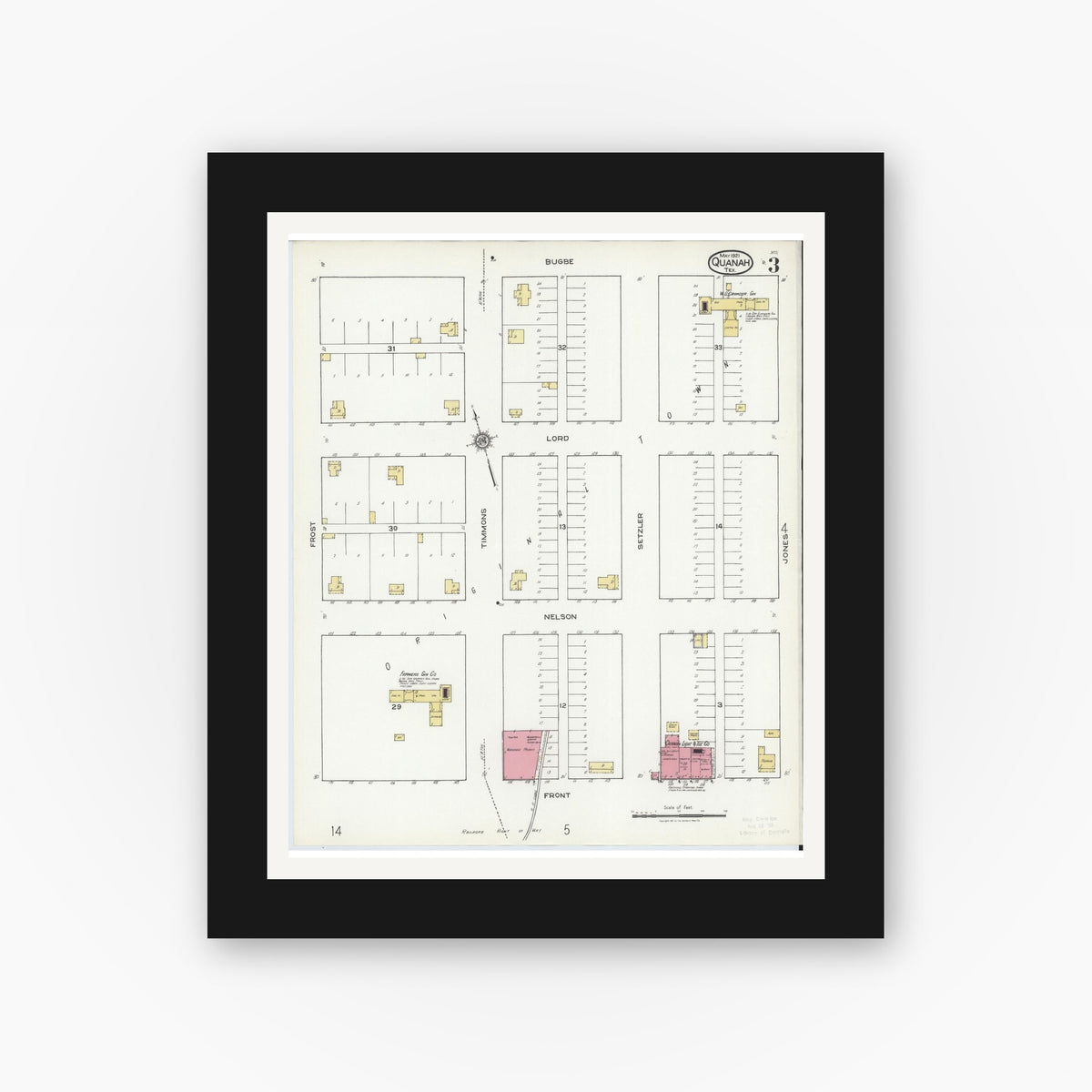 Old map wall art mockup — black gallery frame with white mat — Sanborn Fire Insurance Map from Quanah, Hardeman County, Texas (1921), Sheet #0003