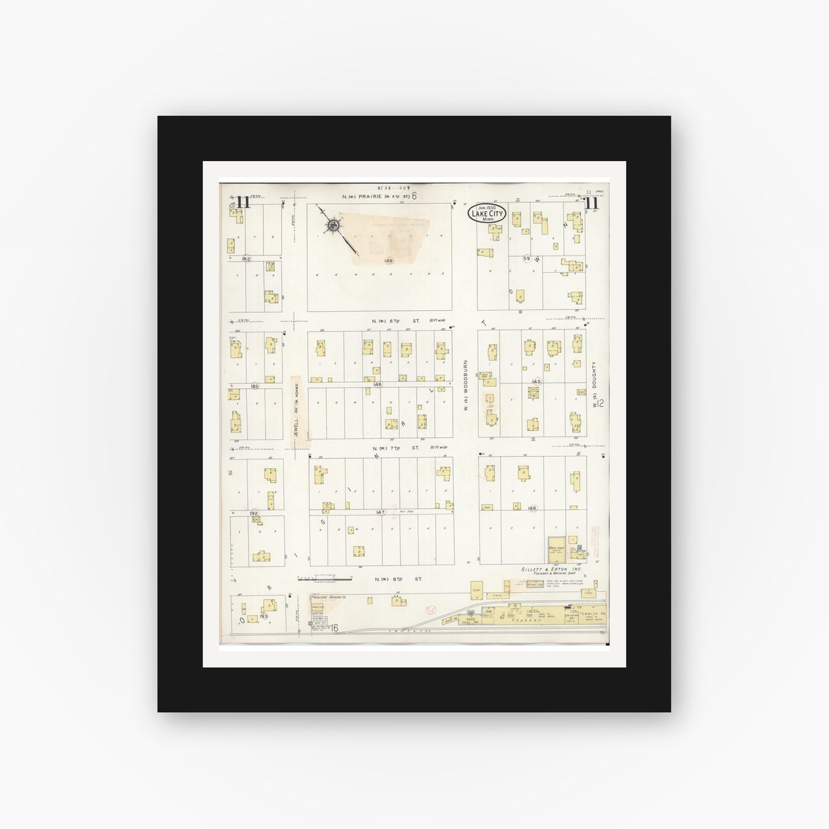 Old map wall art mockup — black gallery frame with white mat — Sanborn Fire Insurance Map from Lake City, Wabasha County, Minnesota (1938), Sheet #0011