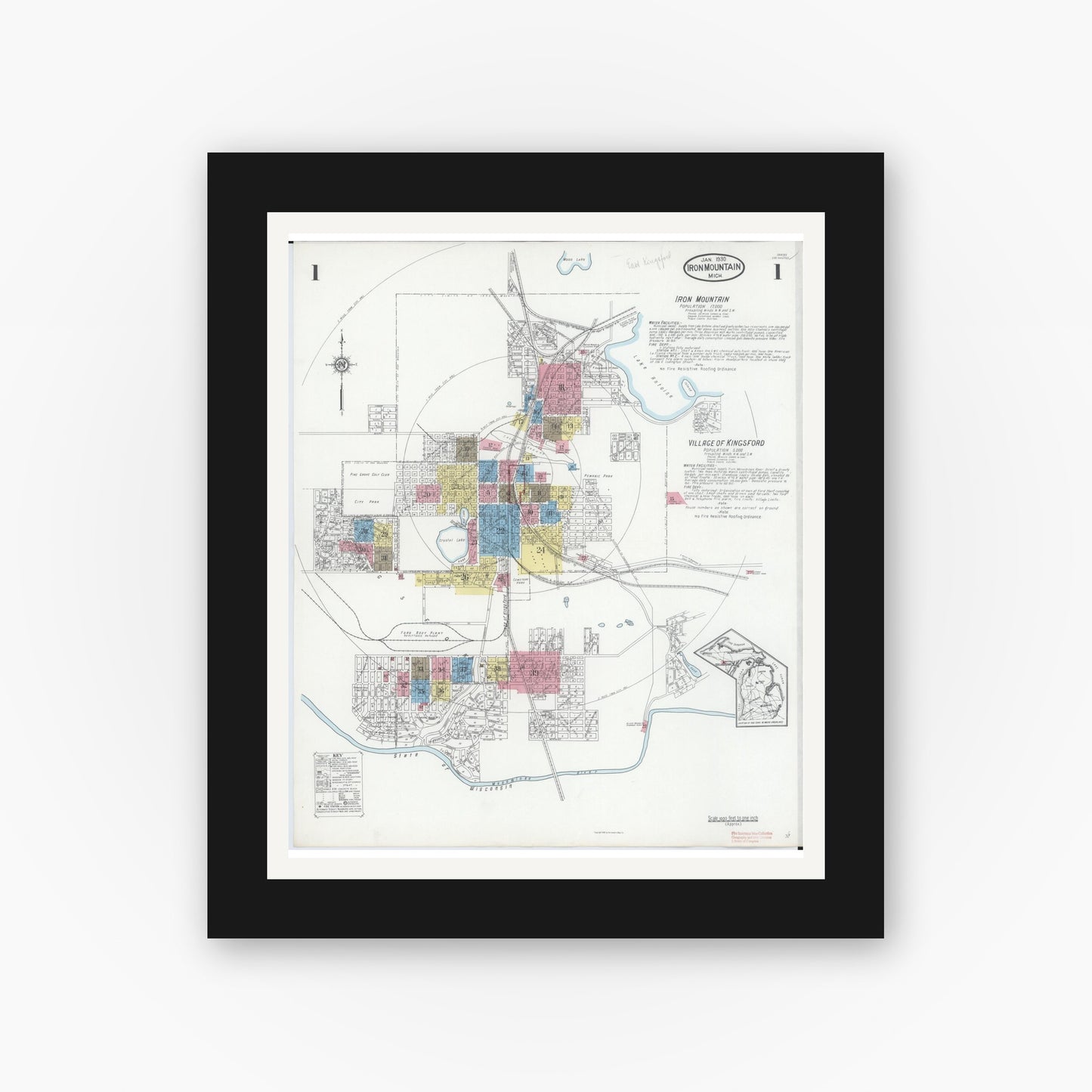 Old map wall art mockup — black gallery frame with white mat — Sanborn Fire Insurance Map from Iron Mountain, Dickinson County, Michigan (1930) - Complete Map Set
