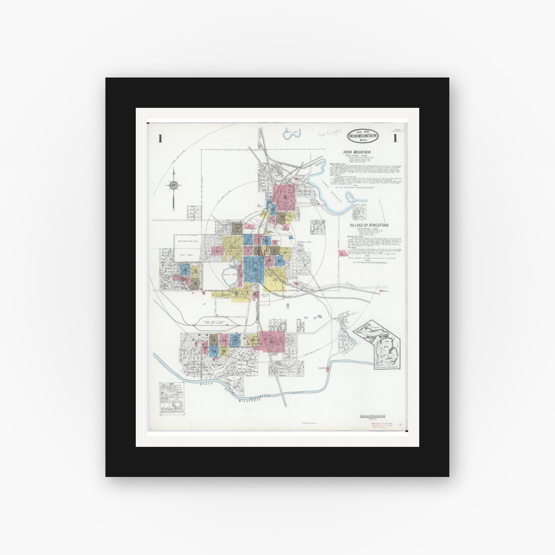 Old map wall art mockup — black gallery frame with white mat — Sanborn Fire Insurance Map from Iron Mountain, Dickinson County, Michigan (1930) - Complete Map Set