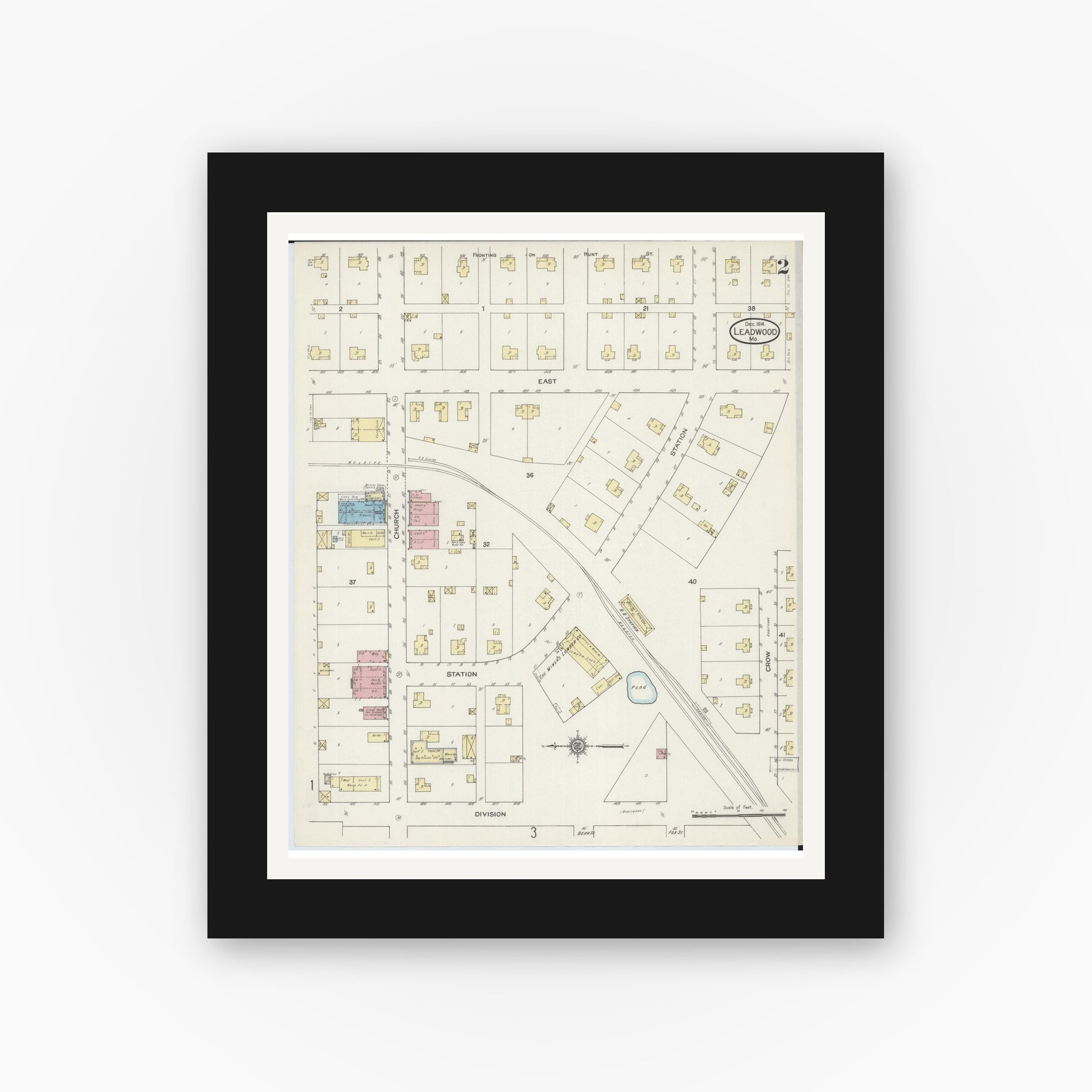 Old map wall art mockup — black gallery frame with white mat — Sanborn Fire Insurance Map from Leadwood, Saint Francois County, Missouri (1914), Sheet #0002