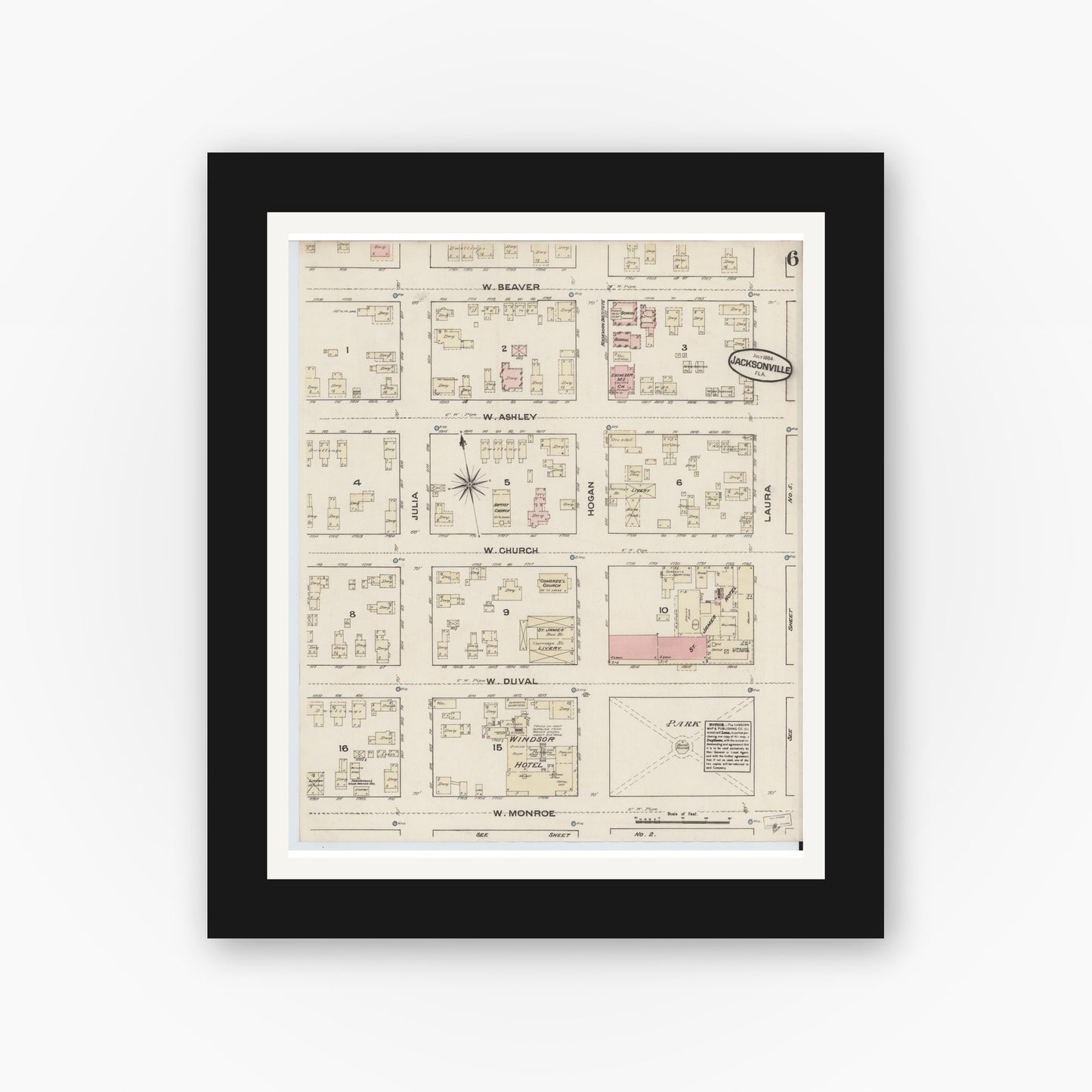 Old map wall art mockup — black gallery frame with white mat — Sanborn Fire Insurance Map from Jacksonville, Duval County, Florida (1884), Sheet #0006