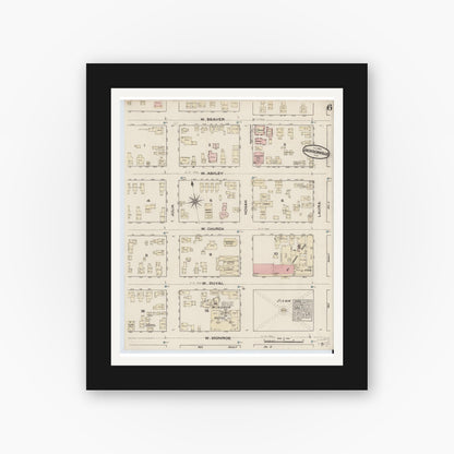 Old map wall art mockup — black gallery frame with white mat — Sanborn Fire Insurance Map from Jacksonville, Duval County, Florida (1884), Sheet #0006