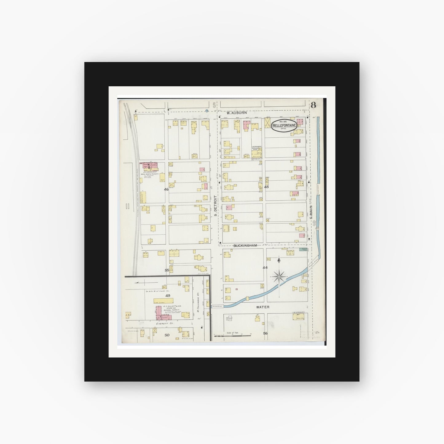 Old map wall art mockup — black gallery frame with white mat — Sanborn Fire Insurance Map from Bellefontaine, Logan County, Ohio (1892), Sheet #0008