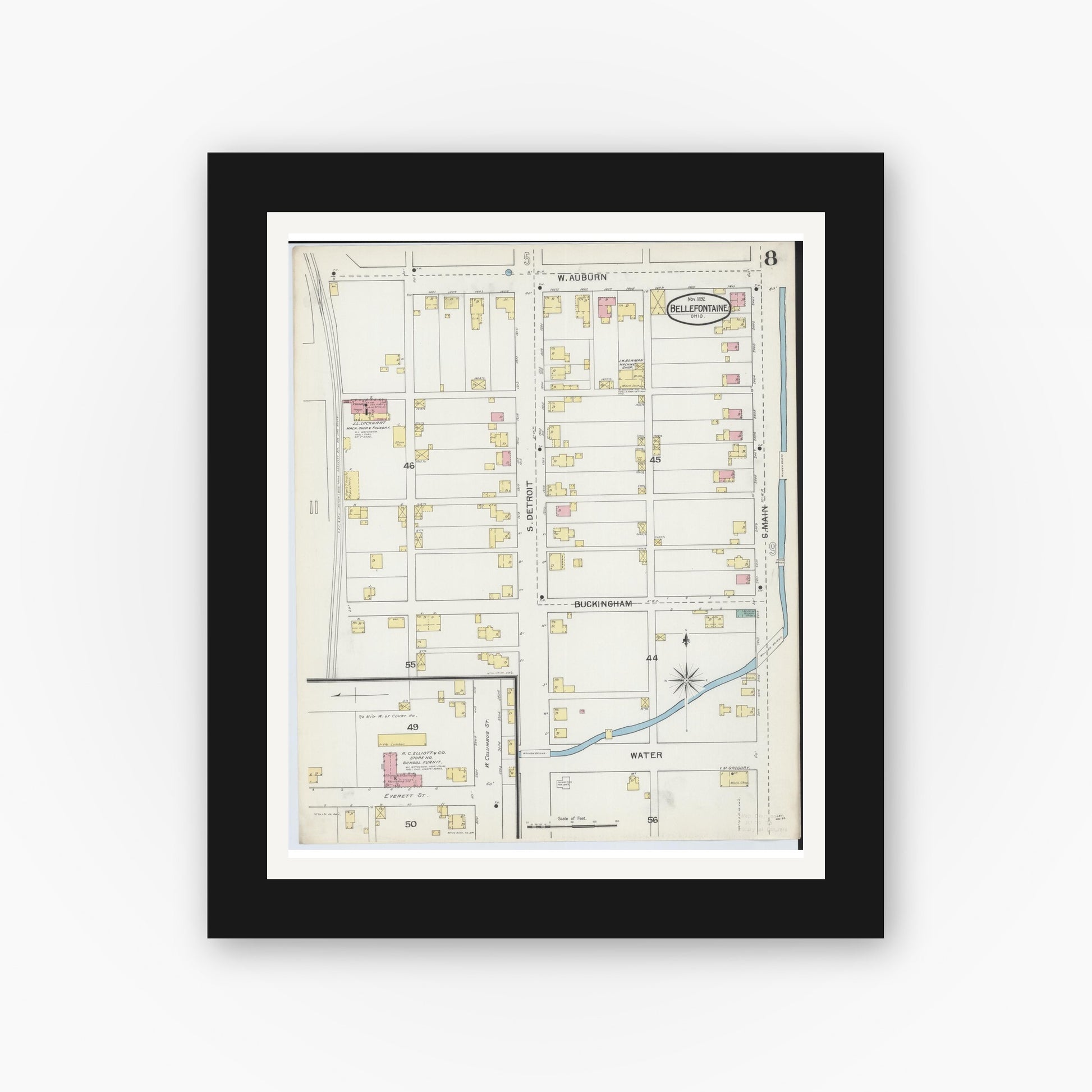 Old map wall art mockup — black gallery frame with white mat — Sanborn Fire Insurance Map from Bellefontaine, Logan County, Ohio (1892), Sheet #0008