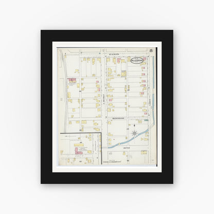 Old map wall art mockup — black gallery frame with white mat — Sanborn Fire Insurance Map from Bellefontaine, Logan County, Ohio (1892), Sheet #0008