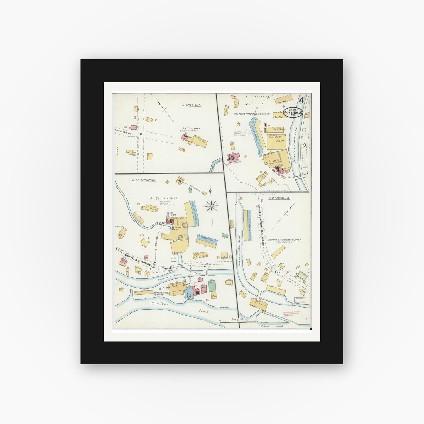 Old map wall art mockup — black gallery frame with white mat — Sanborn Fire Insurance Map from Rosendale, Ulster County, New York (1898), Sheet #0004