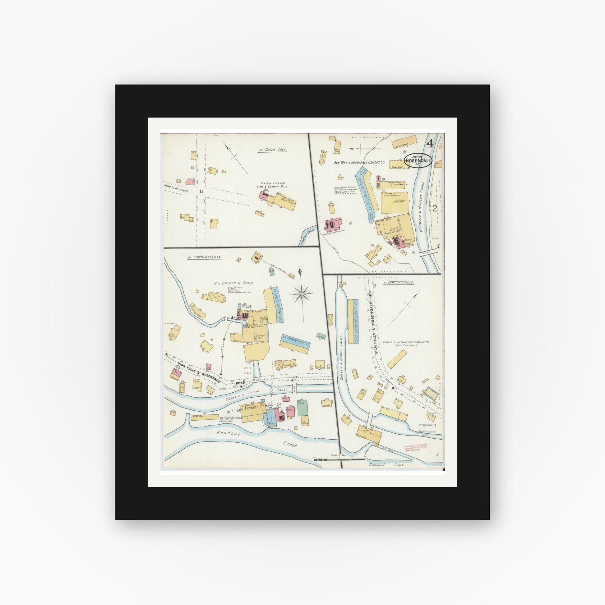 Old map wall art mockup — black gallery frame with white mat — Sanborn Fire Insurance Map from Rosendale, Ulster County, New York (1898), Sheet #0004