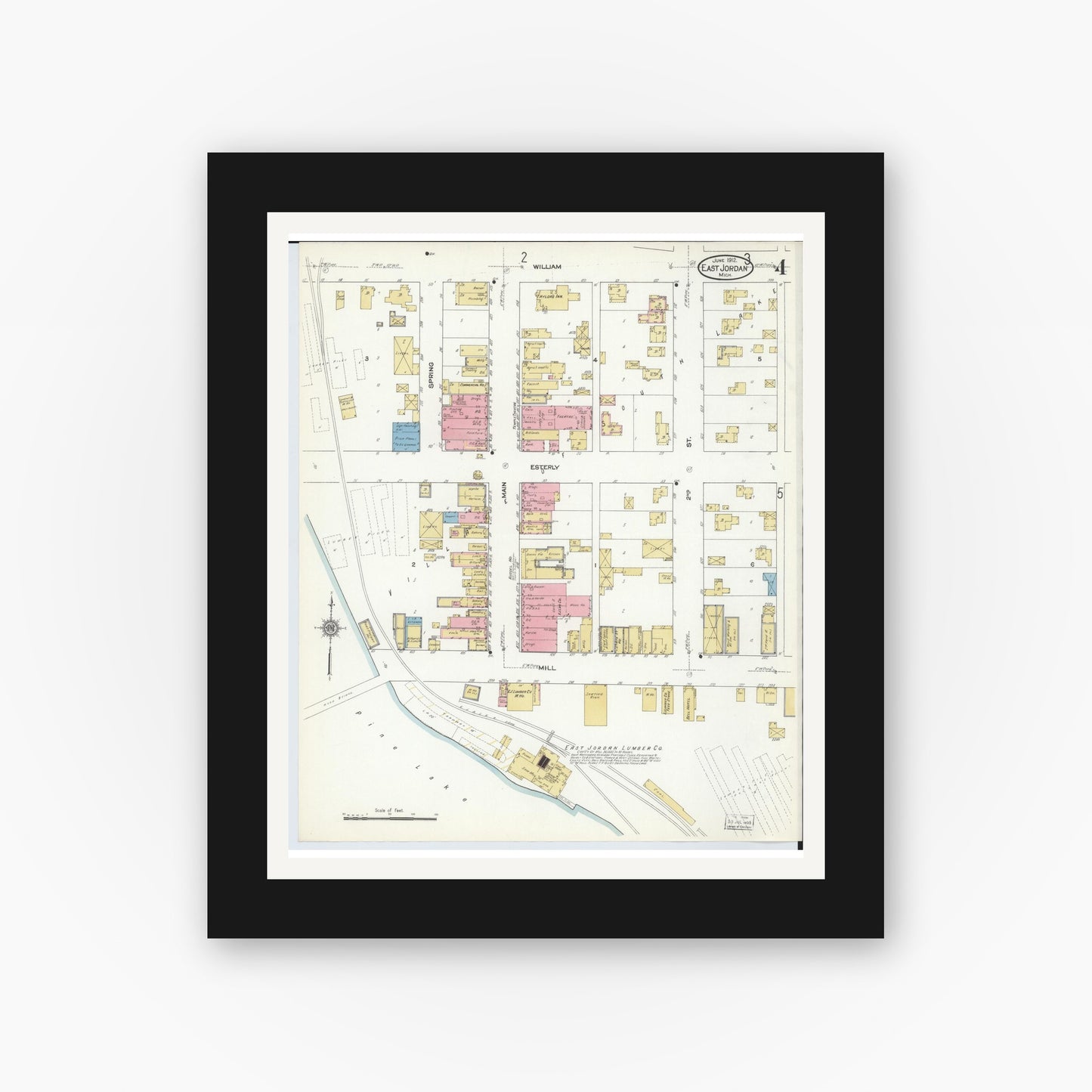 Old map wall art mockup — black gallery frame with white mat — Sanborn Fire Insurance Map from East Jordan, Charlevoix County, Michigan (1912), Sheet #0004