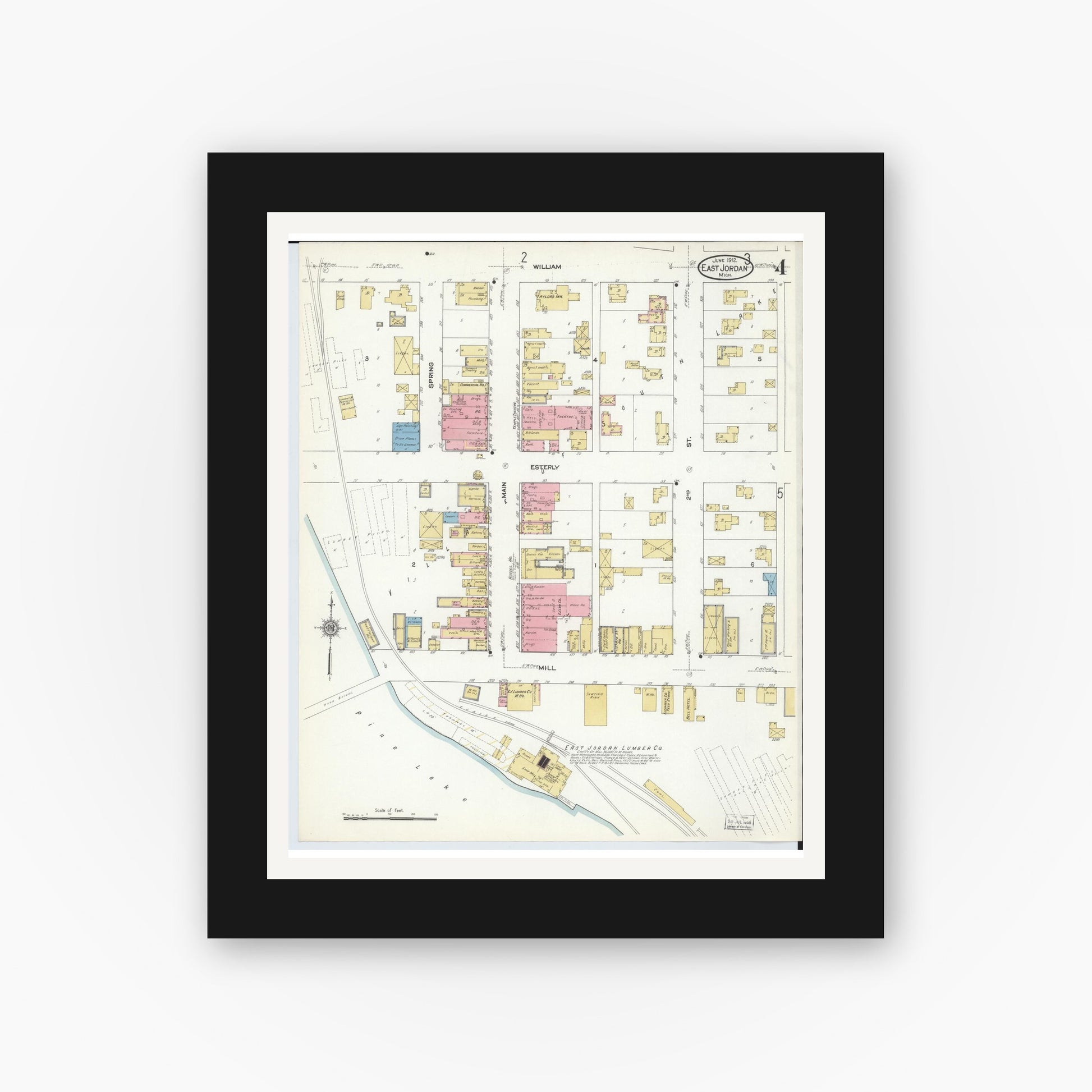 Old map wall art mockup — black gallery frame with white mat — Sanborn Fire Insurance Map from East Jordan, Charlevoix County, Michigan (1912), Sheet #0004