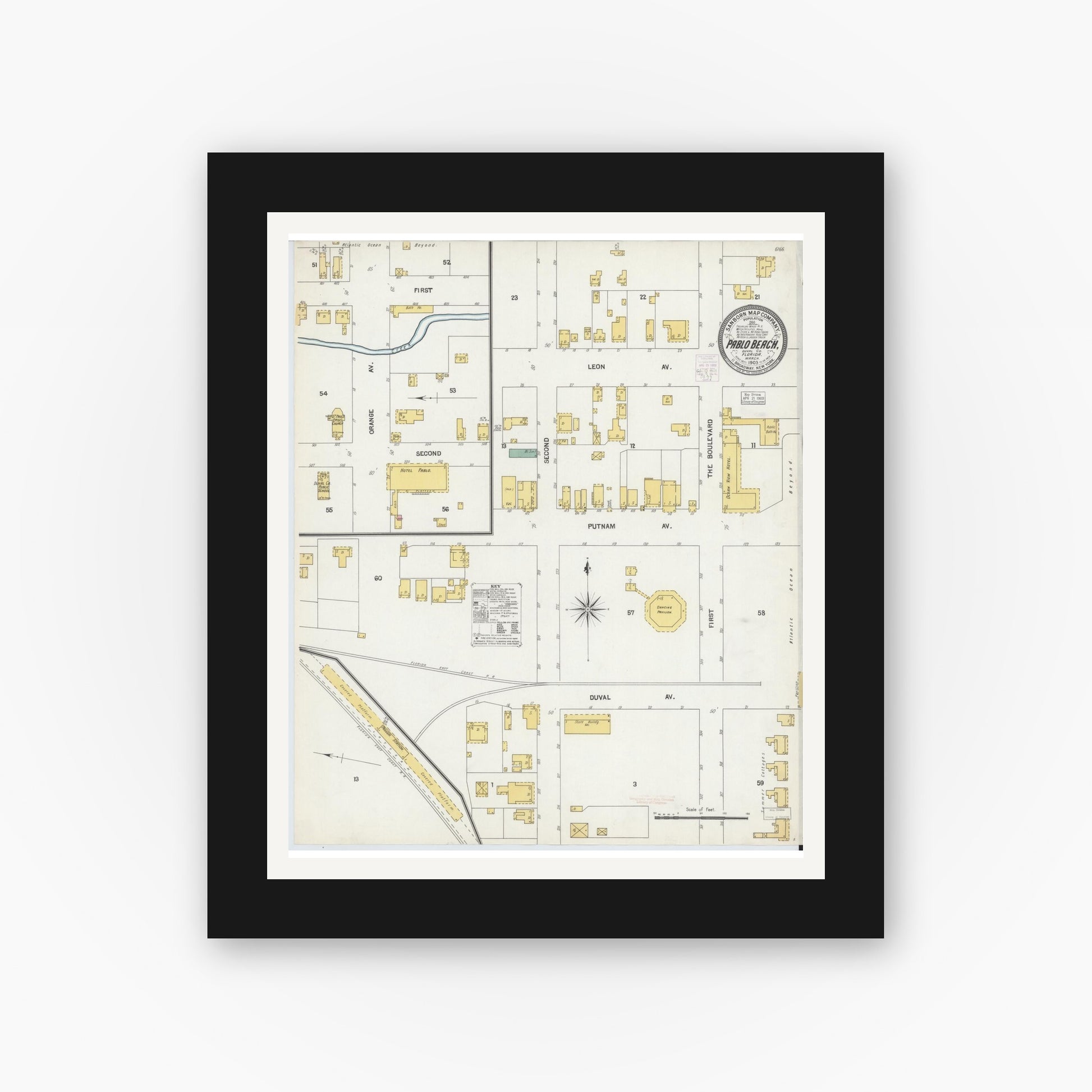 Old map wall art mockup — black gallery frame with white mat — Sanborn Fire Insurance Map from Pablo Beach, Duval County, Florida (1903), Sheet #0001