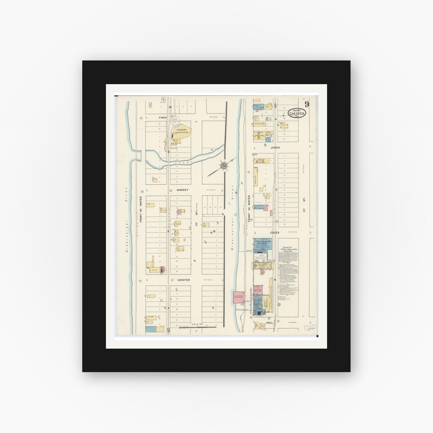Old map wall art mockup — black gallery frame with white mat — Sanborn Fire Insurance Map from Chester, Randolph County, Illinois (1911), Sheet #0009