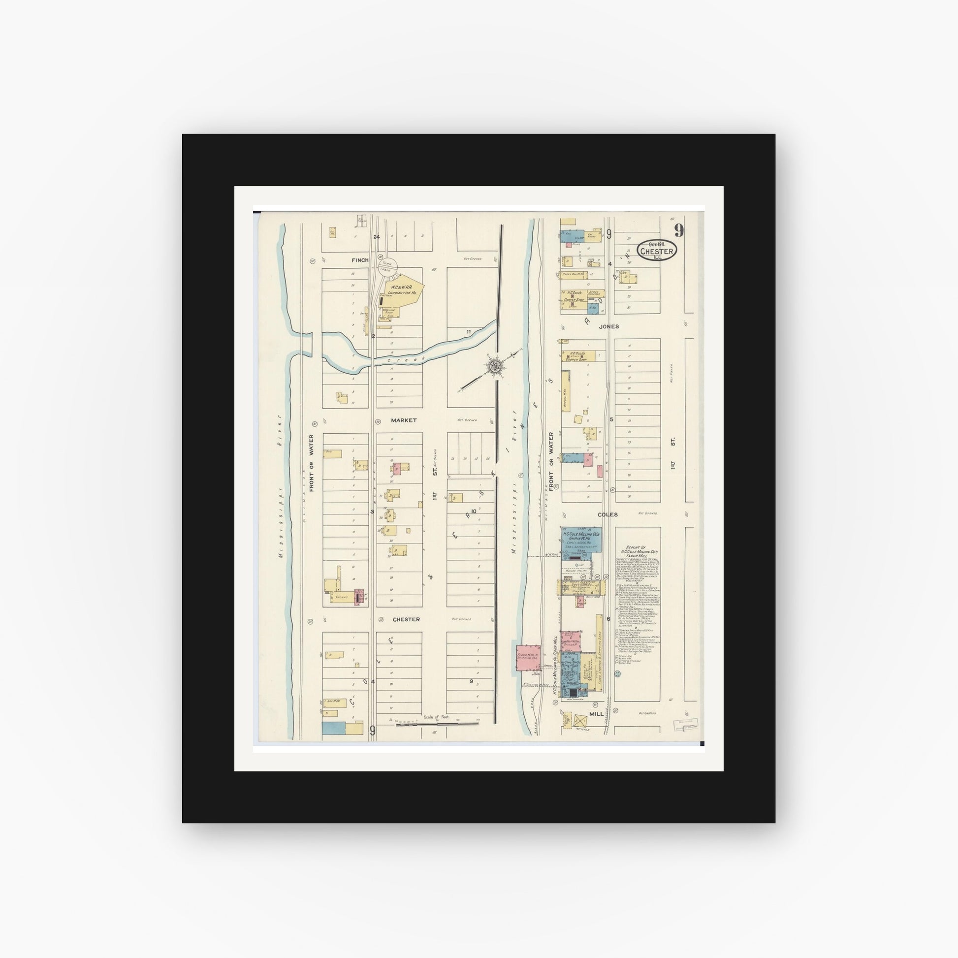 Old map wall art mockup — black gallery frame with white mat — Sanborn Fire Insurance Map from Chester, Randolph County, Illinois (1911), Sheet #0009