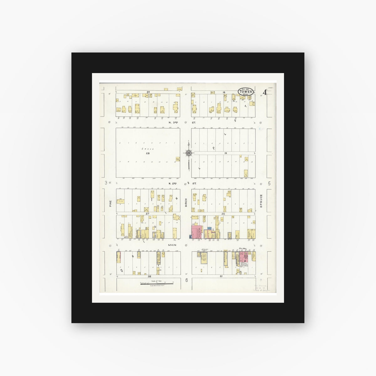 Old map wall art mockup — black gallery frame with white mat — Sanborn Fire Insurance Map from Tower, Saint Louis County, Minnesota (1921), Sheet #0004