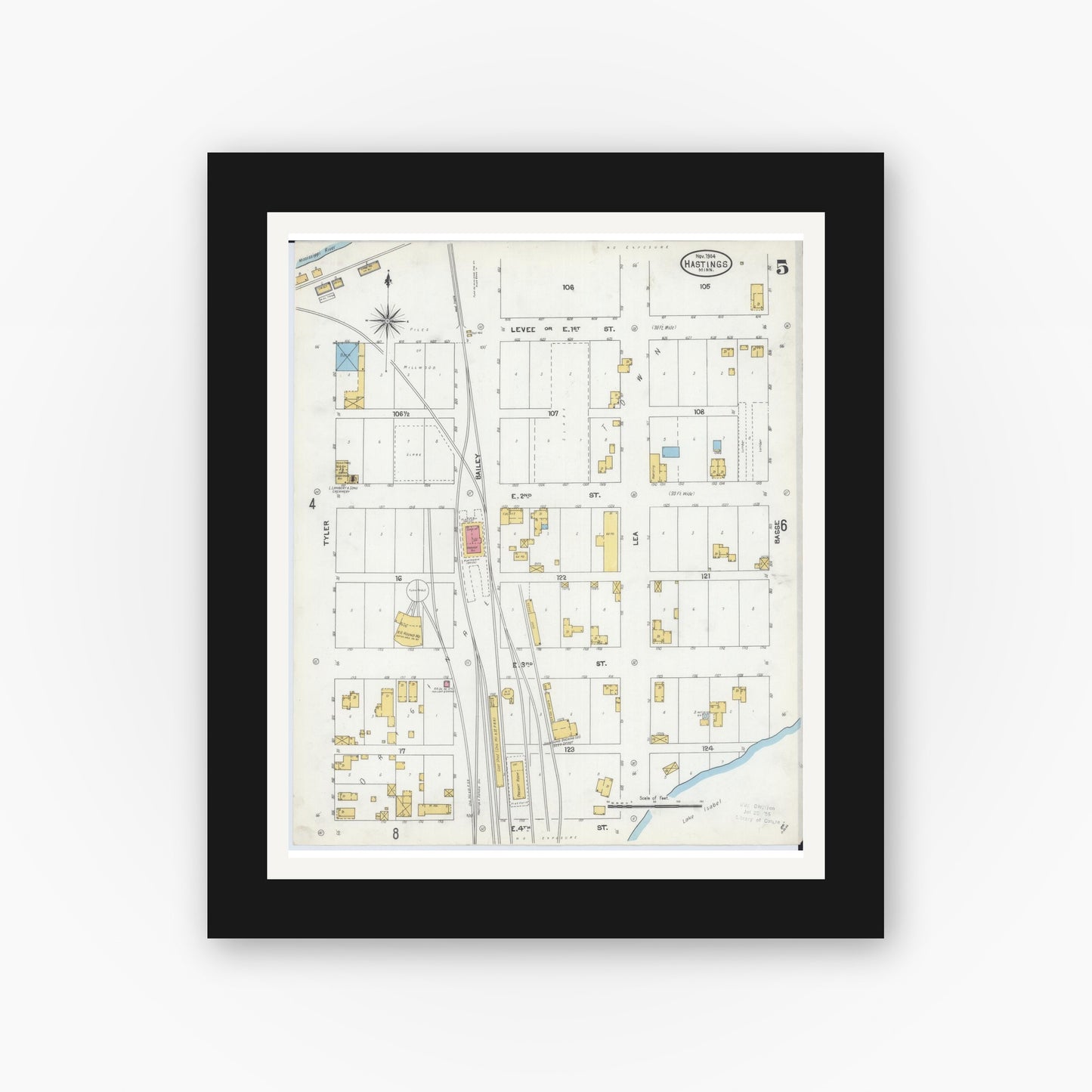 Old map wall art mockup — black gallery frame with white mat — Sanborn Fire Insurance Map from Hastings, Dakota County, Minnesota (1904), Sheet #0005