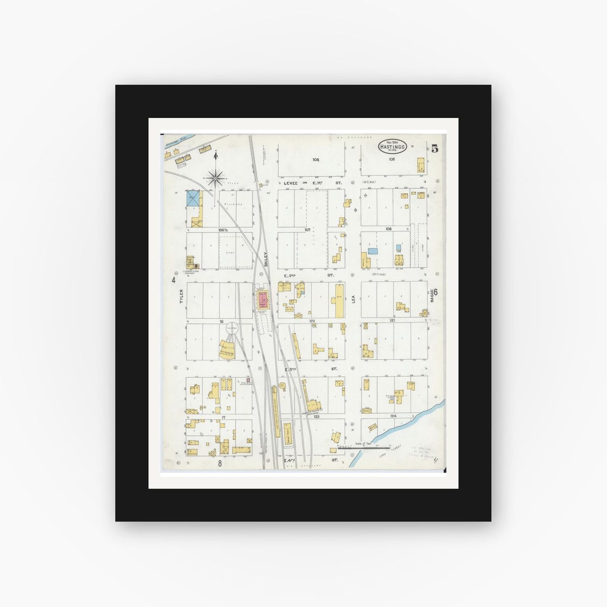 Old map wall art mockup — black gallery frame with white mat — Sanborn Fire Insurance Map from Hastings, Dakota County, Minnesota (1904), Sheet #0005