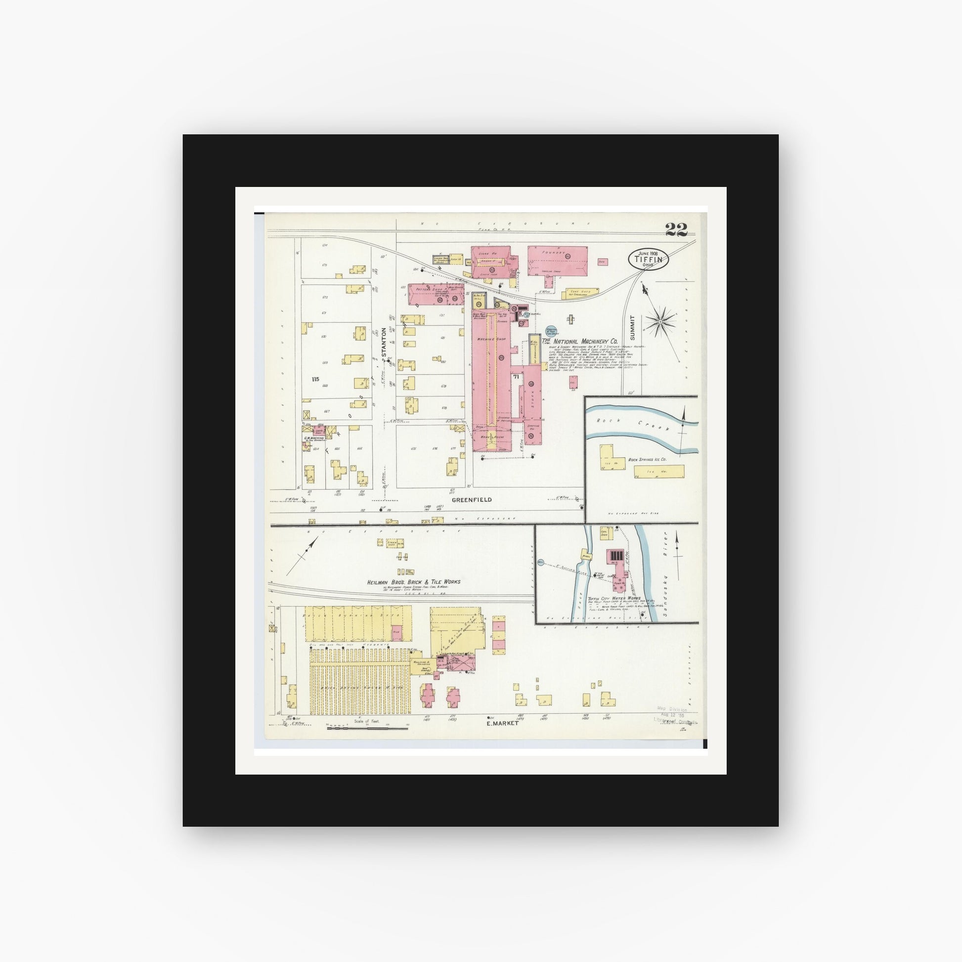 Old map wall art mockup — black gallery frame with white mat — Sanborn Fire Insurance Map from Tiffin, Seneca County, Ohio (1908), Sheet #0022