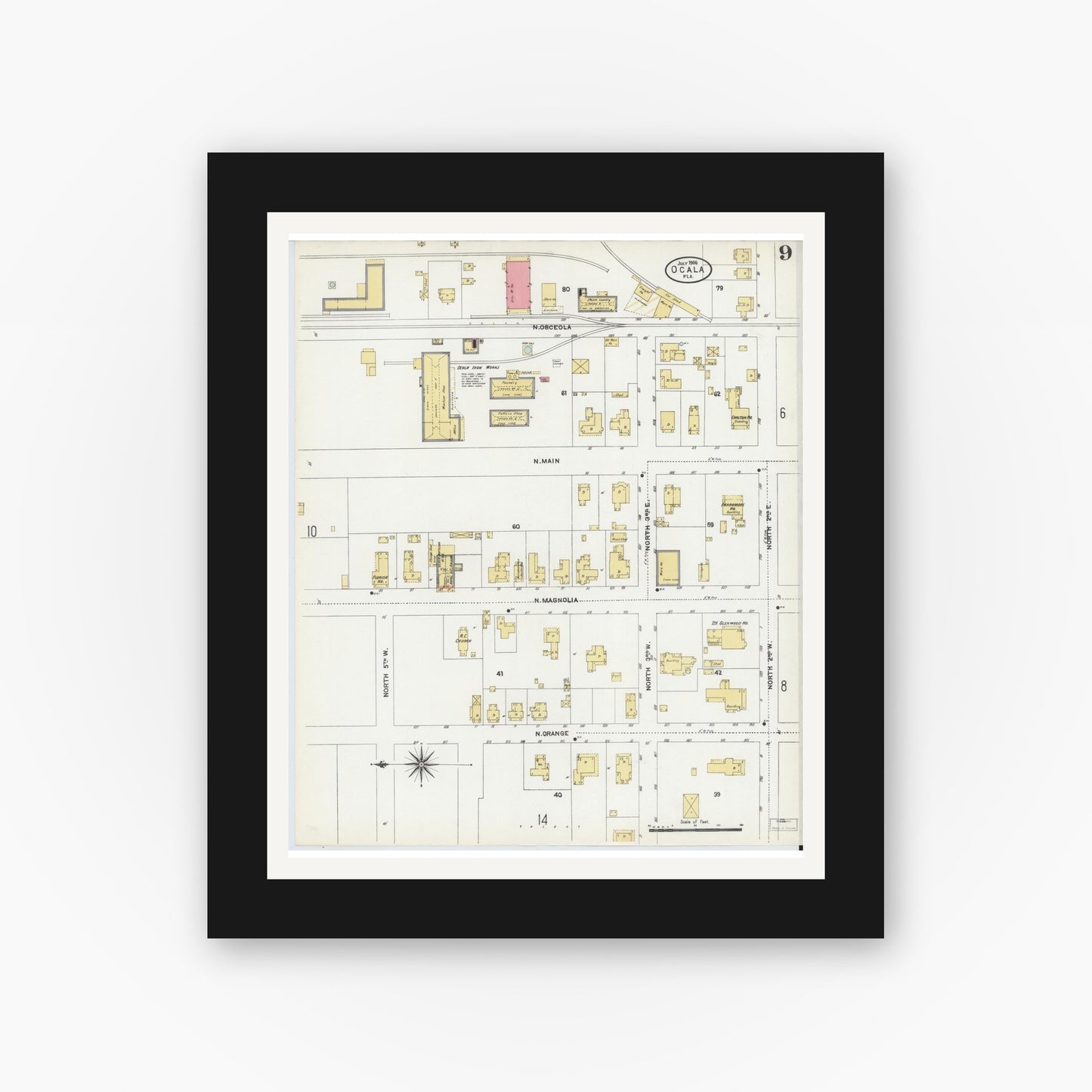 Old map wall art mockup — black gallery frame with white mat — Sanborn Fire Insurance Map from Ocala, Marion County, Florida (1906), Sheet #0009