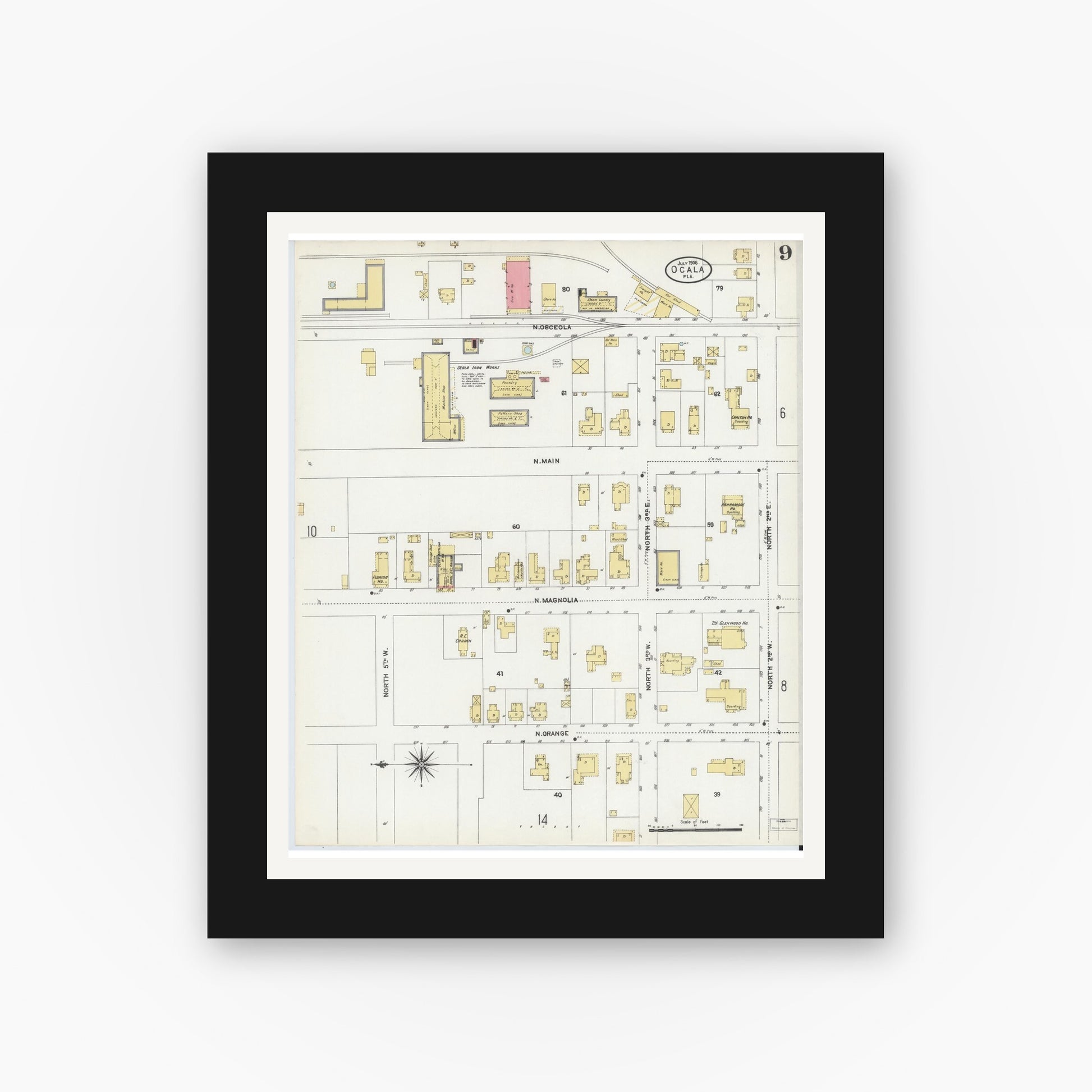 Old map wall art mockup — black gallery frame with white mat — Sanborn Fire Insurance Map from Ocala, Marion County, Florida (1906), Sheet #0009