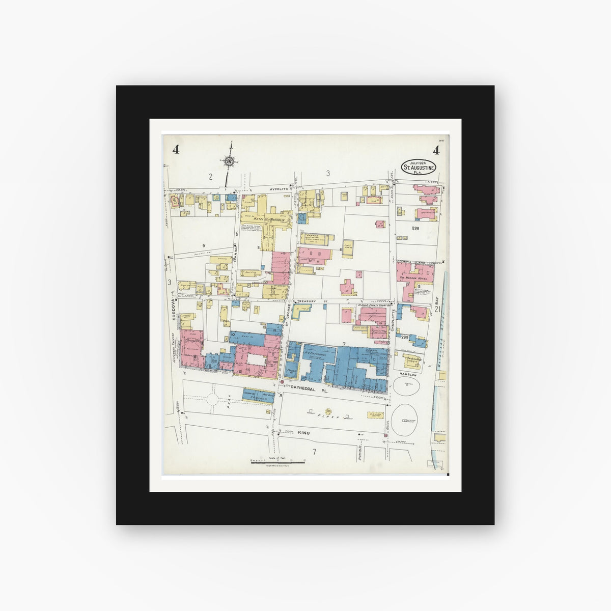 Old map wall art mockup — black gallery frame with white mat — Sanborn Fire Insurance Map from Saint Augustine, Saint John's County, Florida (1924), Sheet #0004