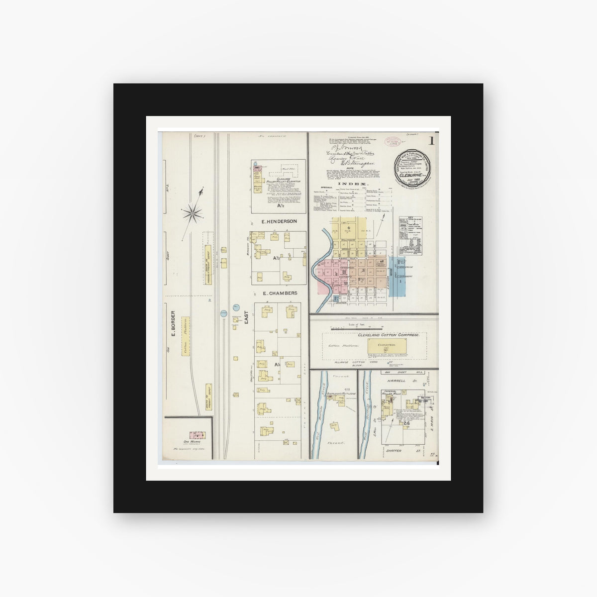 Old map wall art mockup — black gallery frame with white mat — Sanborn Fire Insurance Map from Cleburne, Johnson County, Texas (1888) - Complete Map Set