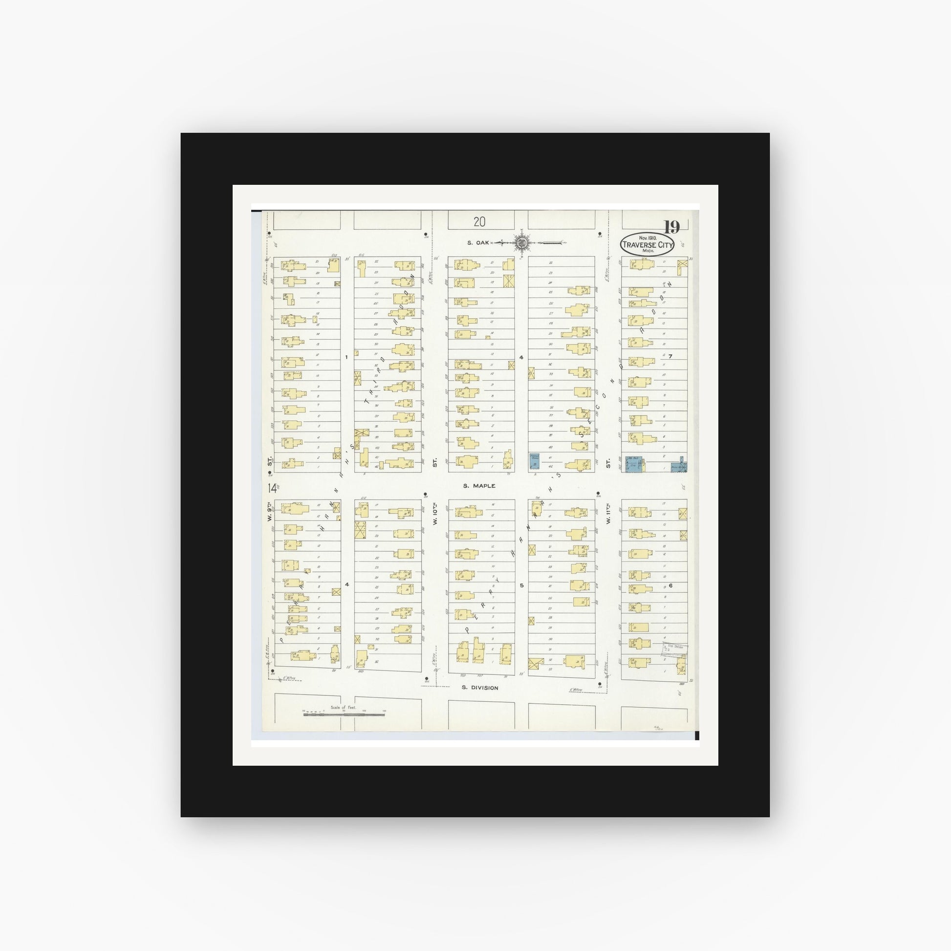 Old map wall art mockup — black gallery frame with white mat — Sanborn Fire Insurance Map from Traverse City, Grand Traverse County, Michigan (1910), Sheet #0019