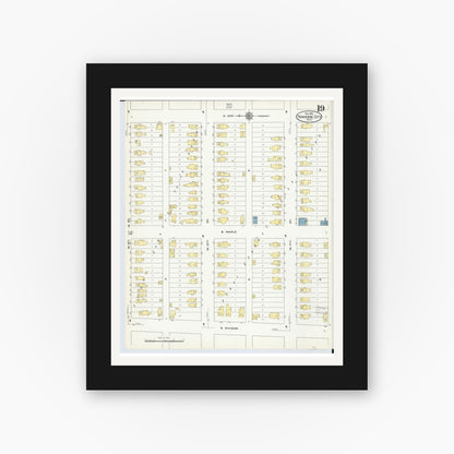 Old map wall art mockup — black gallery frame with white mat — Sanborn Fire Insurance Map from Traverse City, Grand Traverse County, Michigan (1910), Sheet #0019