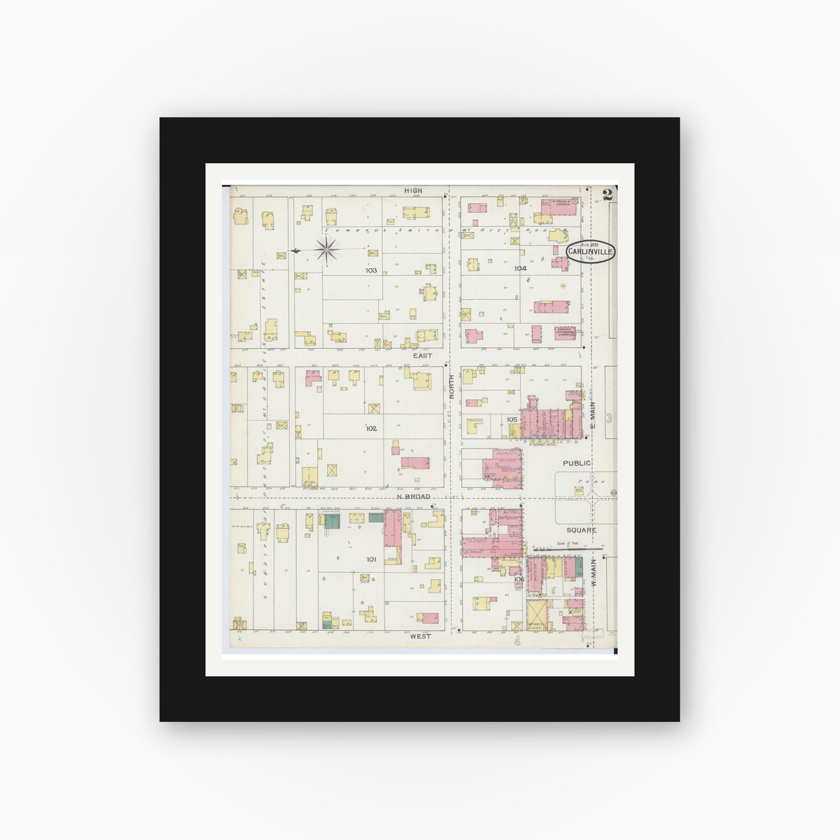 Old map wall art mockup — black gallery frame with white mat — Sanborn Fire Insurance Map from Carlinville, Macoupin County, Illinois (1893), Sheet #0002