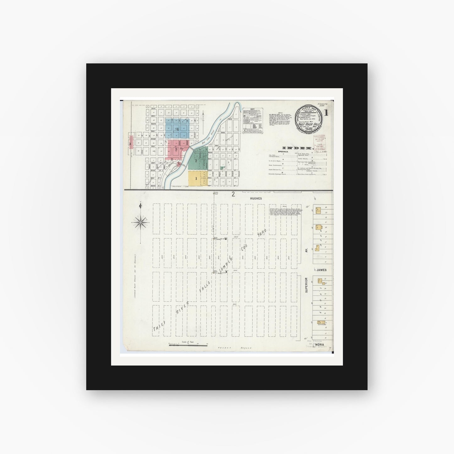 Old map wall art mockup — black gallery frame with white mat — Sanborn Fire Insurance Map from Thief River Falls, Pennington County, Minnesota (1899) - Complete Map Set