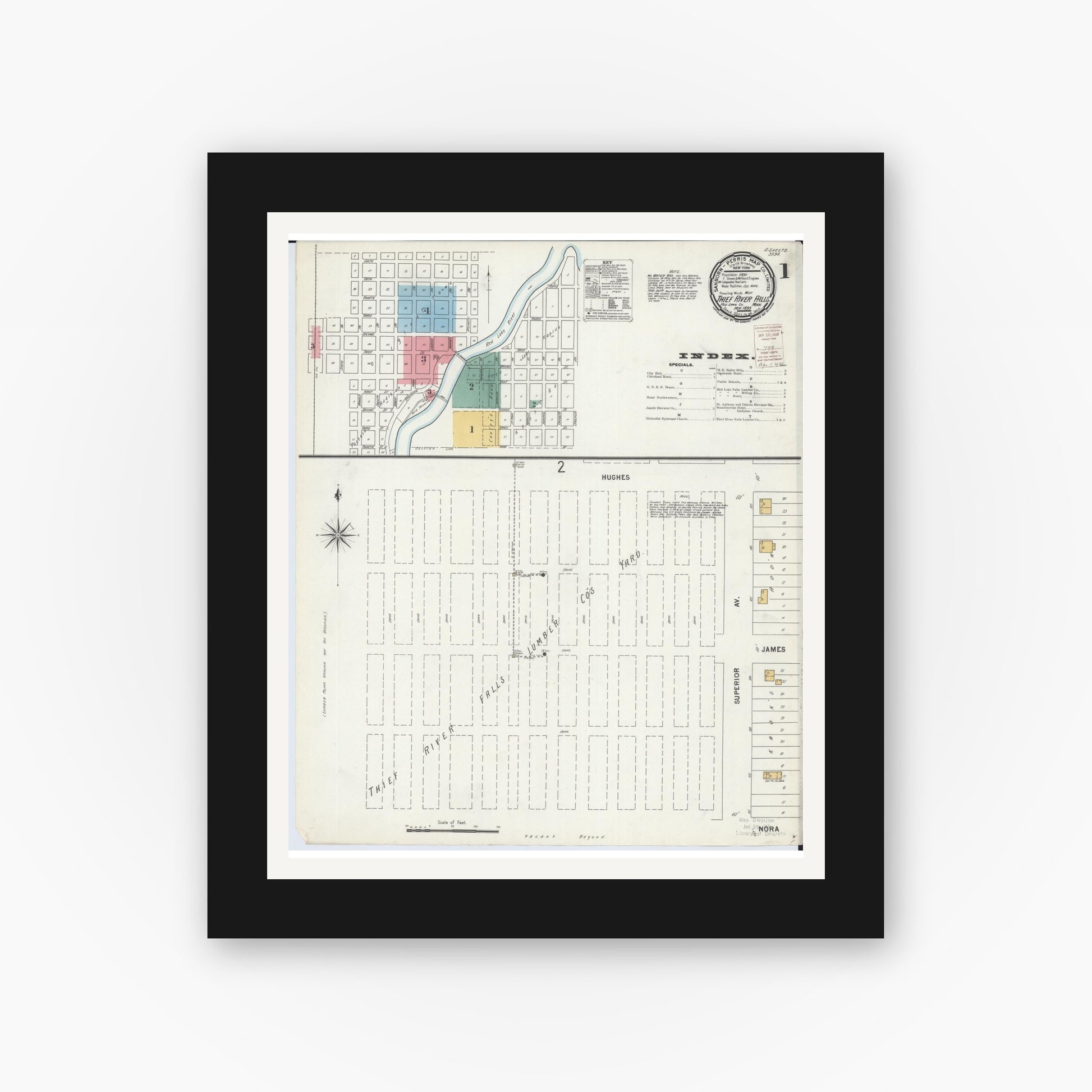 Old map wall art mockup — black gallery frame with white mat — Sanborn Fire Insurance Map from Thief River Falls, Pennington County, Minnesota (1899) - Complete Map Set