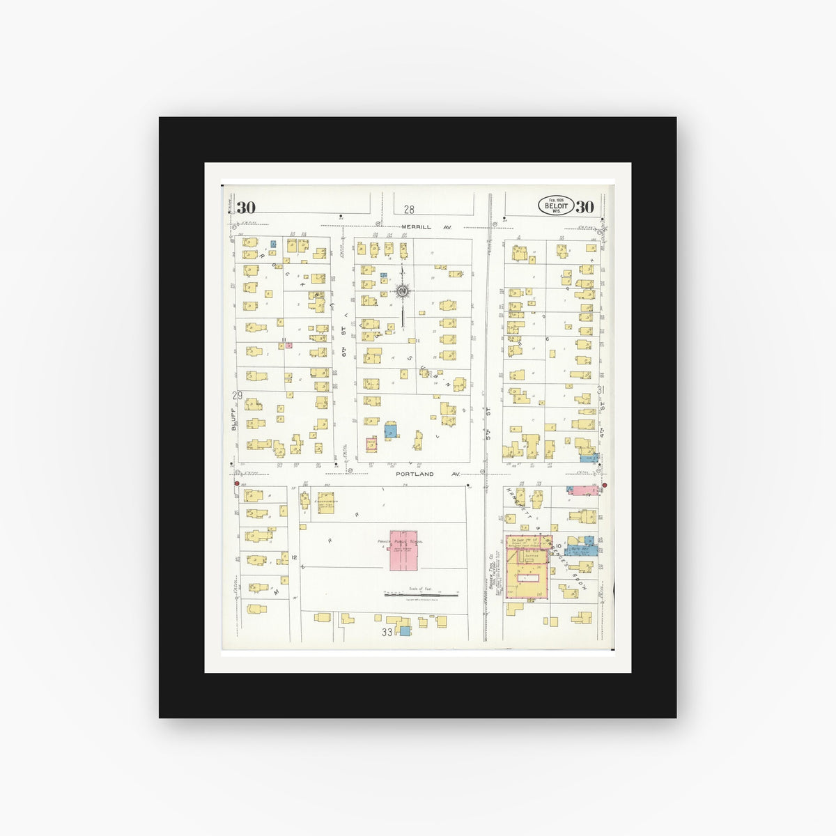 Old map wall art mockup — black gallery frame with white mat — Sanborn Fire Insurance Map from Beloit, Rock County, Wisconsin (1926), Sheet #0030
