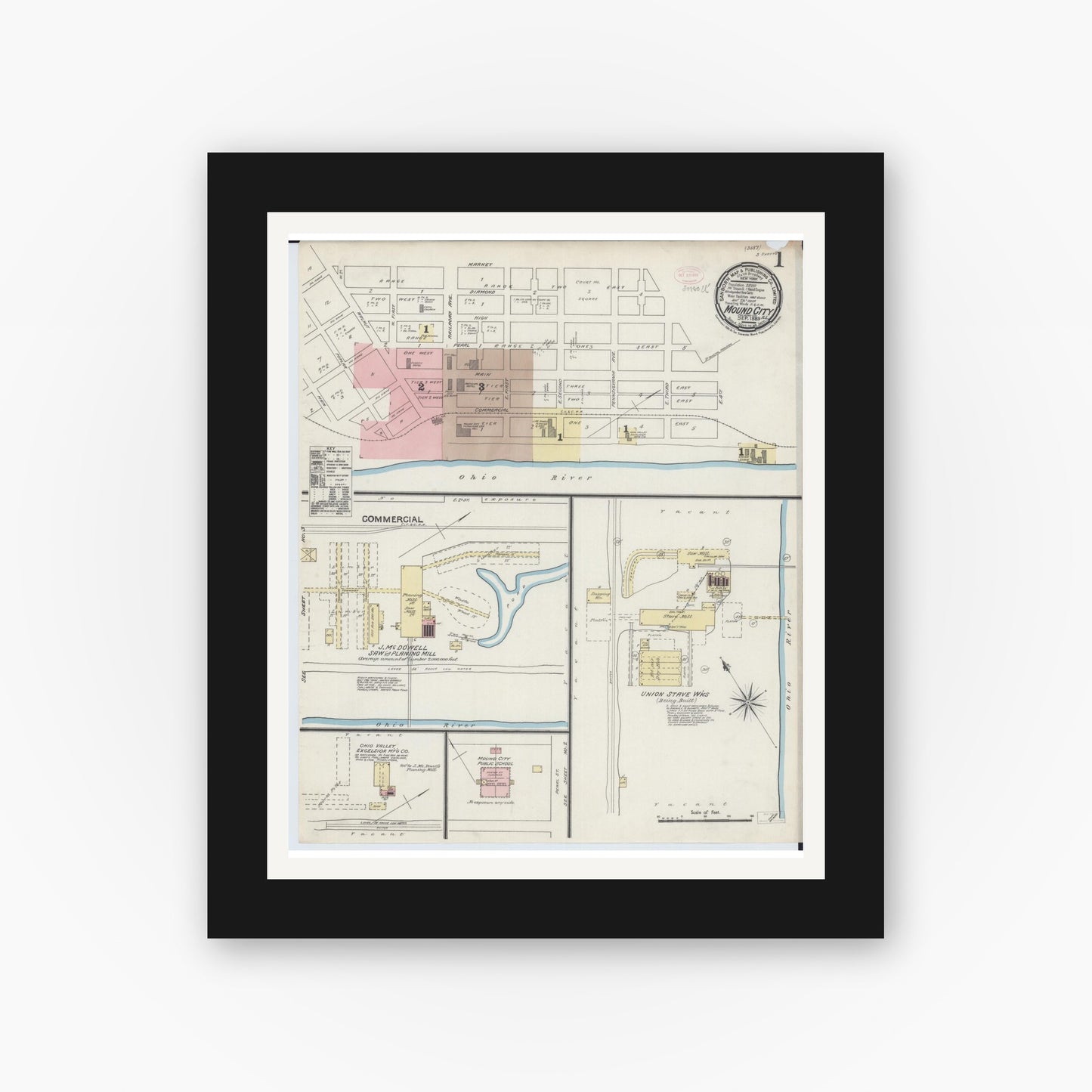 Old map wall art mockup — black gallery frame with white mat — Sanborn Fire Insurance Map from Mound City, Pulaski County, Illinois (1889) - Complete Map Set