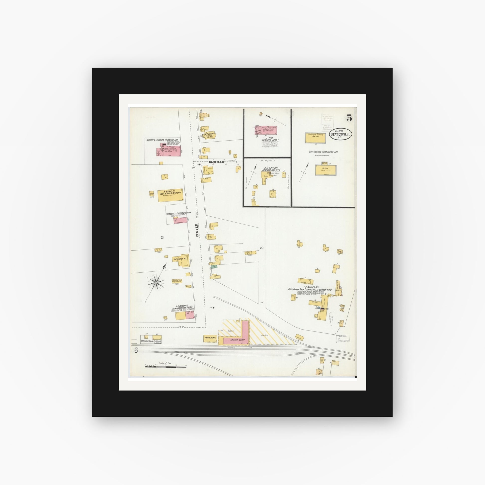 Old map wall art mockup — black gallery frame with white mat — Sanborn Fire Insurance Map from Statesville, Iredell County, North Carolina (1900), Sheet #0005