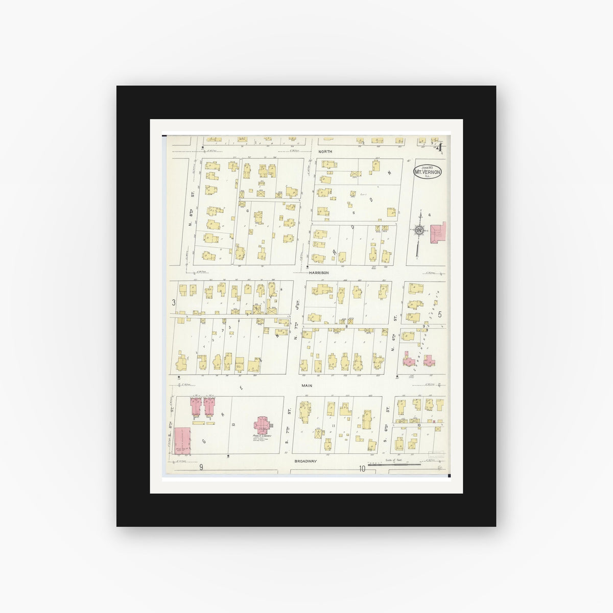 Old map wall art mockup — black gallery frame with white mat — Sanborn Fire Insurance Map from Mount Vernon, Jefferson County, Illinois (1913), Sheet #0004
