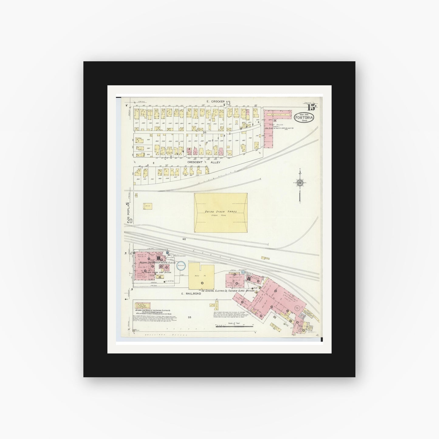 Old map wall art mockup — black gallery frame with white mat — Sanborn Fire Insurance Map from Fostoria, Seneca, Hancock, And Wood Counties, Ohio (1914), Sheet #0015