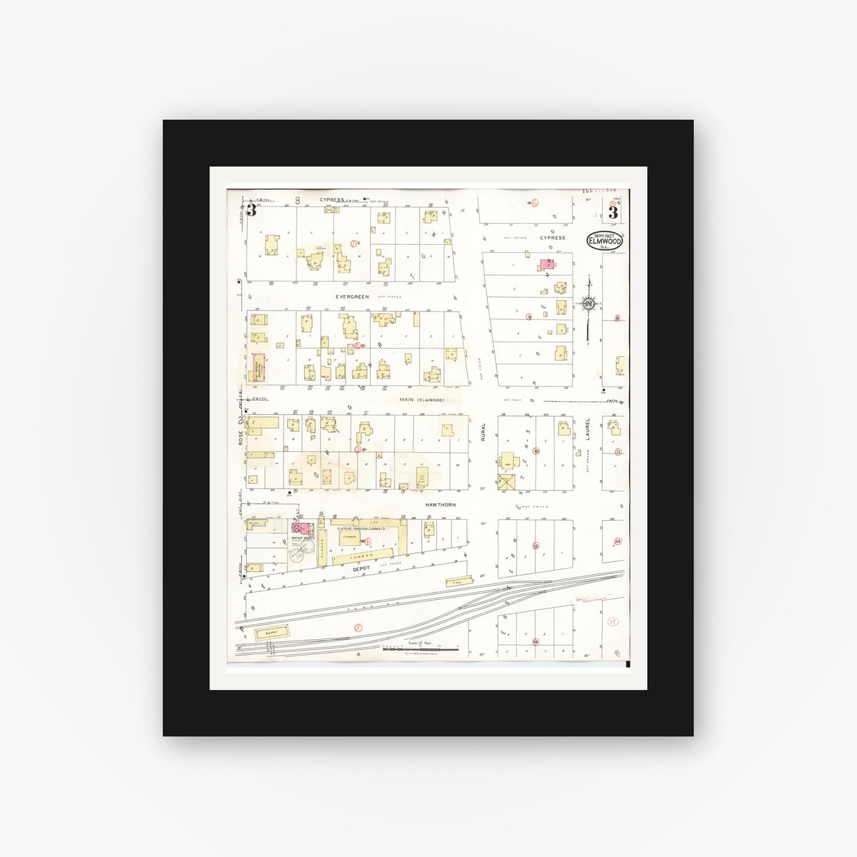 Old map wall art mockup — black gallery frame with white mat — Sanborn Fire Insurance Map from Elmwood, Peoria County, Illinois (1944), Sheet #0003