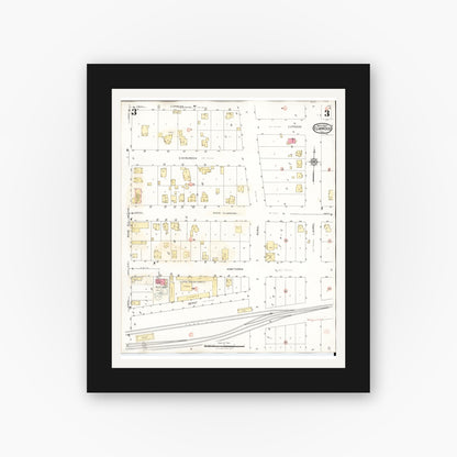 Old map wall art mockup — black gallery frame with white mat — Sanborn Fire Insurance Map from Elmwood, Peoria County, Illinois (1944), Sheet #0003